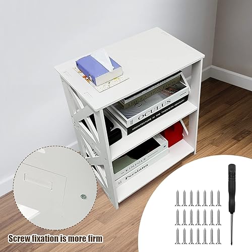 Miniatura 6 de Lechay Mesa auxiliar pequeña, mesa auxiliar blanca para espacios pequeños, mesita de noche delgada, estantería para dormitorio y oficina