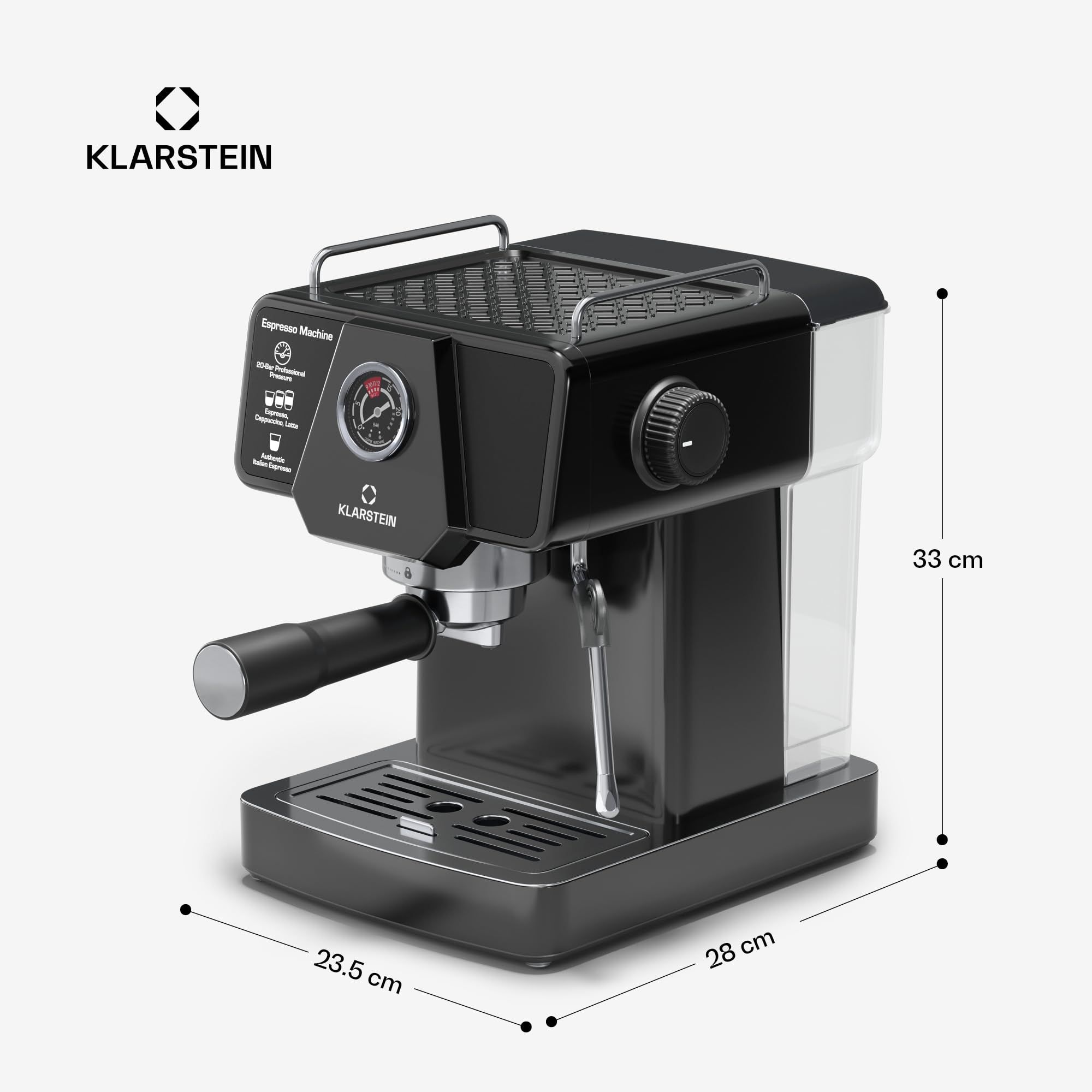 Klarstein Libeica ekspres ciśnieniowy z młynkiem – 19 Bar, 1.350 W, stal nierdzewna, zbiornik na wodę 1,8 l, dysza parowa, panel dotykowy, do espresso i kawy mielonej, zdejmowany zbiornik na wodę