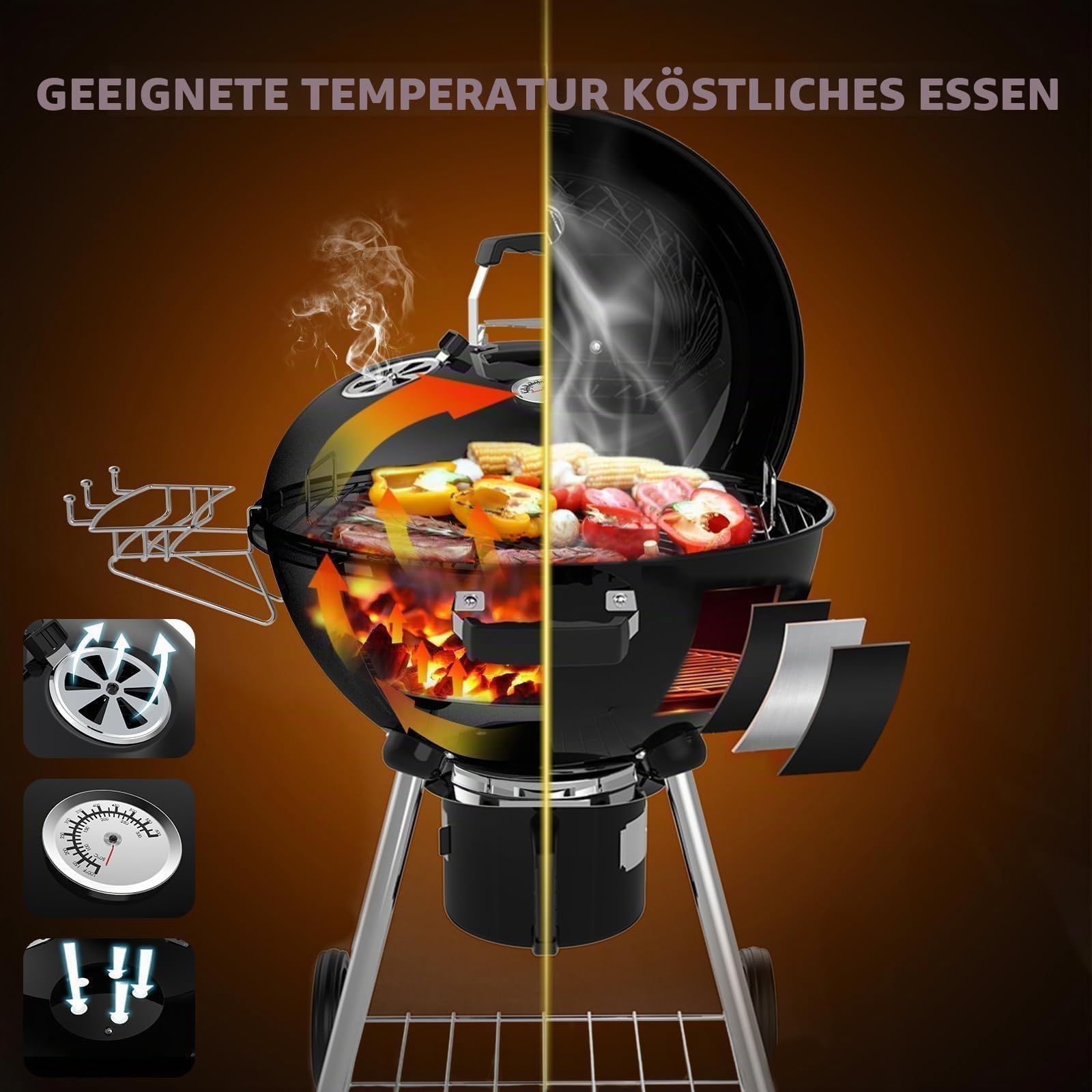 TEENO Holzkohlegrill mit Deckel, XXL Rundgrill, Aschekasten, Regulierbares Lüftungsloch, Kugelgrill, 83 cm x 71 cm x 105,5 cm – Ideal für Garten, Terrasse & Outdoor-Grillen