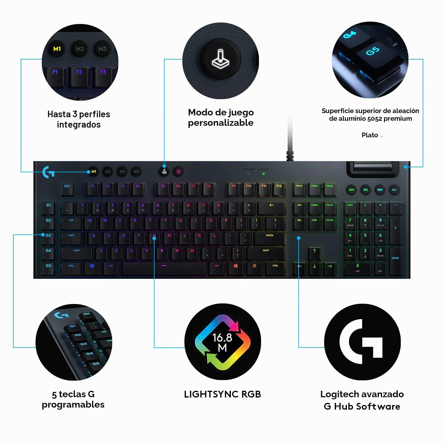 Logitech G 815 Teclado mecánico Gaming Switch táctil GL Perfil Plano diseño escandinavo Carbono