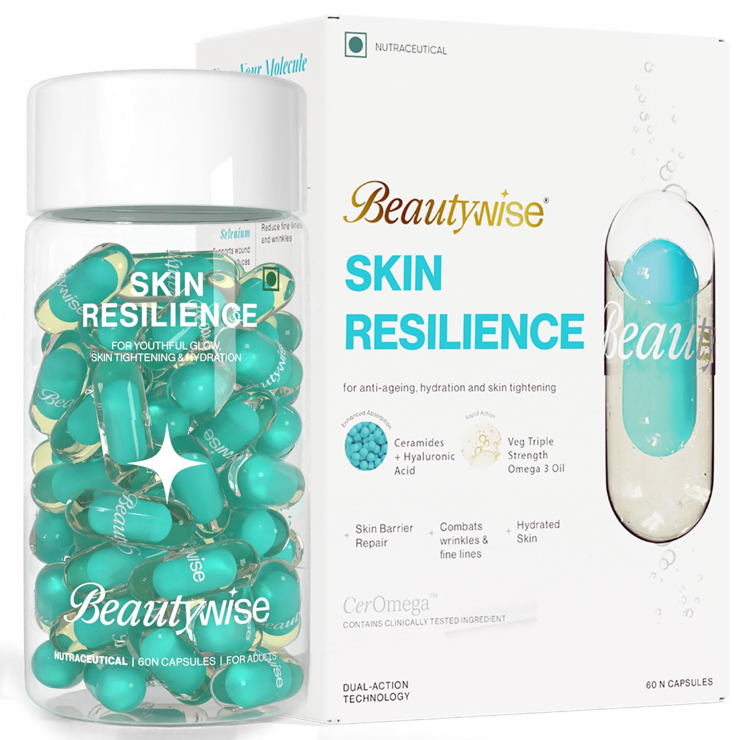 Beautywise Skin Resilience Combination of Ceramides, Hyaluronic Acid & Astaxanthin in Omega-3 | Oil enriched with Vitamin C, E for Skin Moisture and Glowing Skin | 60 Capsules (Pack of 1), 0.12 grams