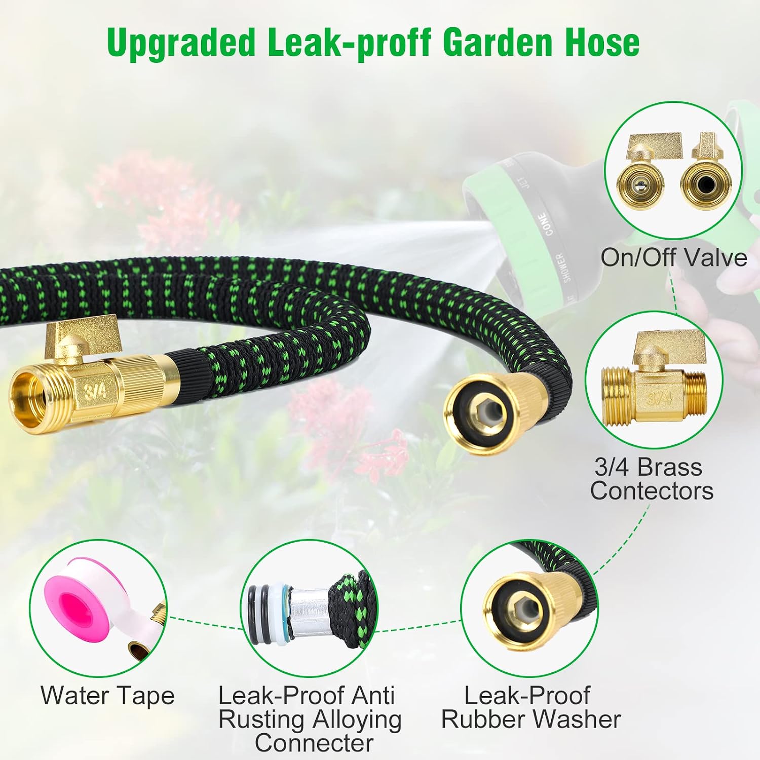 Garden Hose 50ft, Expandable Garden Hose 50FT with 10 Function Nozzle, flexible garden hose with 4-Layers Latex 3/4" Solid Brass Fittings,3075D Retractable Garden Hose Leakproff Expandable Water Hose