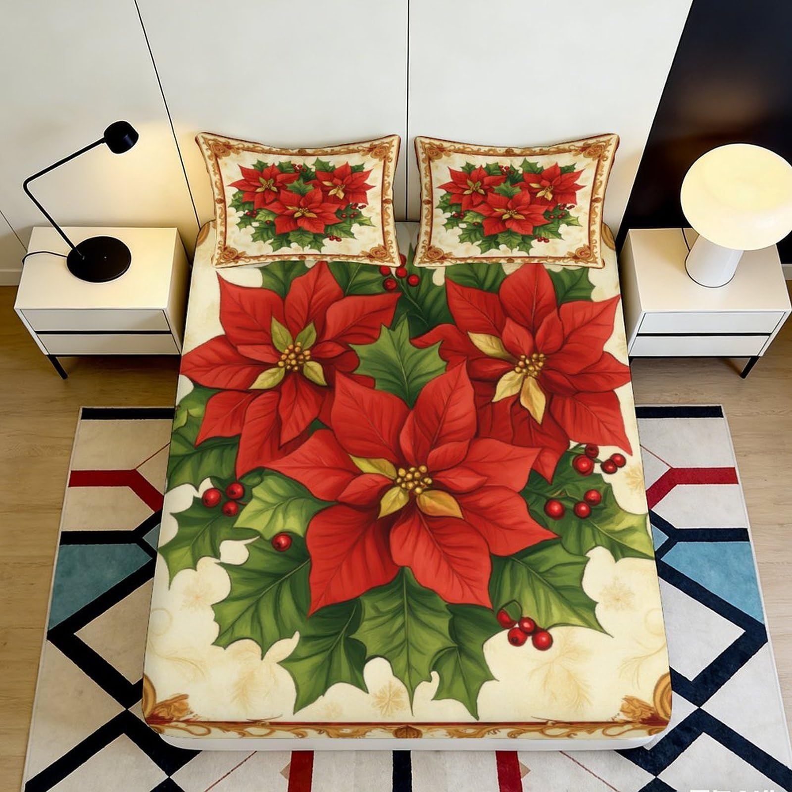 3D Printed Christmas Poinsettia Fitted Sheet Microfiber Soft Floral Bed Cover for Bedroom Guest Room Mattress Decor 90x200x25cm