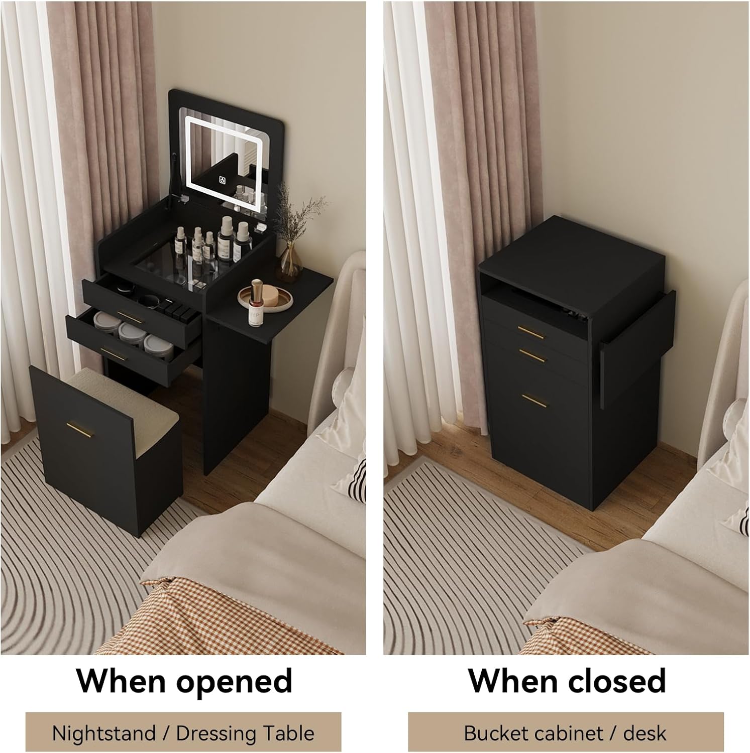 ARTETHYS Small Vanity Desk Set with Flip-top Mirror and Lights Black Integrated 3 in 1 Makeup Vanities Set for Tiny Space Compact Mini Dressing Table with Fold-up Panel and Storage Chair for Bedroom