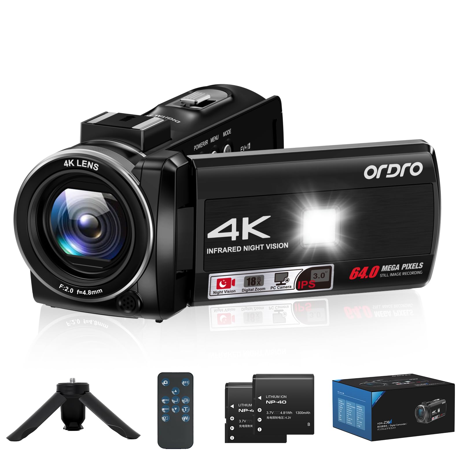 ORDRO Videocamera 4K, Camcorder 64MP 18x Zoom Digitale, Visione Notturna IR, Luce di Bilanciamento, Schermo Rotante 3.0" 270°, Videocamera per Vlog YouTube con Treppiede e 2 Batterie