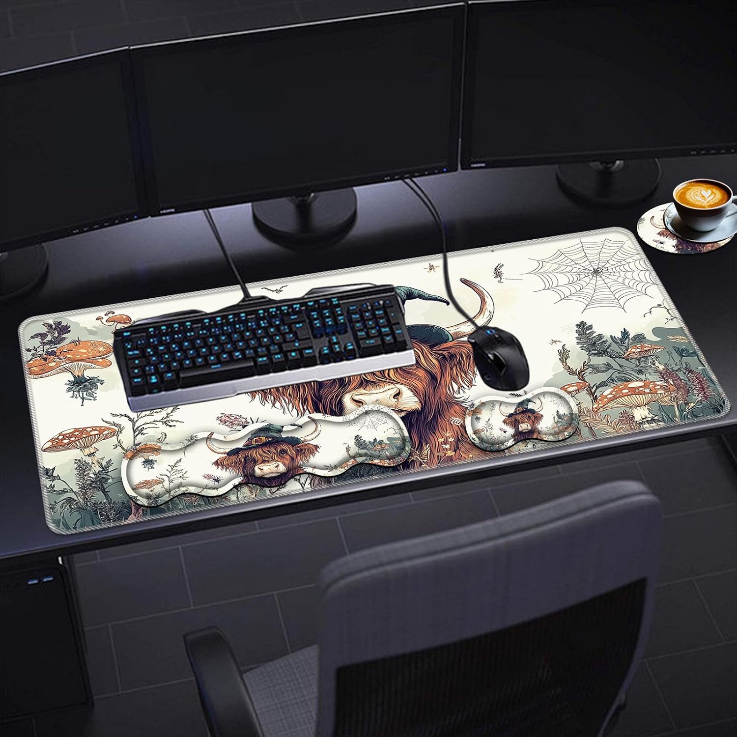 Keyboard Wrist Rest Set,Memory Foam Wrist Support Mouse Pad,31.5"x11.8" Desk Mat for Comfortable Typing & Pain Relief,Non-Slip Base for Office & Home Use - Cute Highland Cow