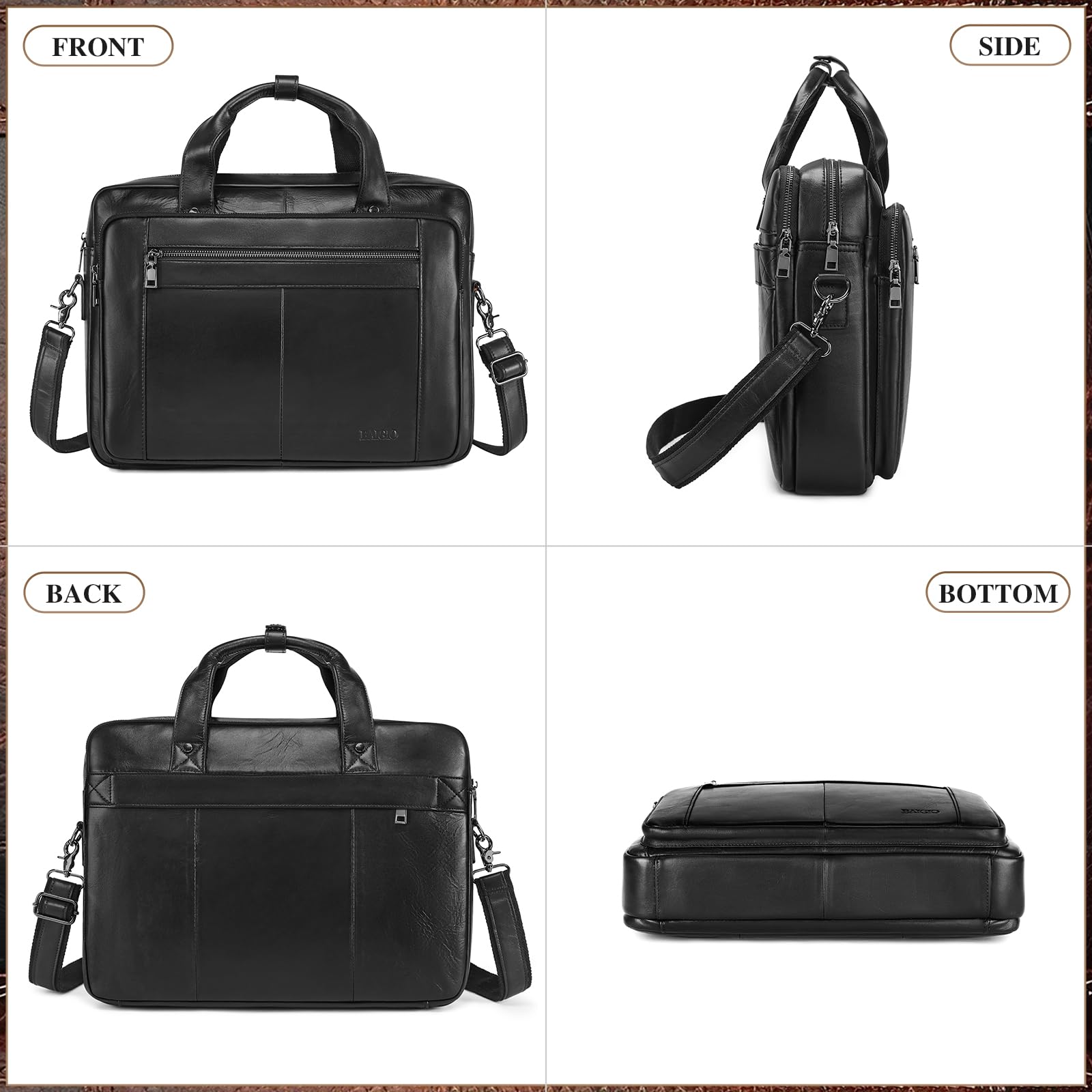 BAIGIO Herren Aktentasche Leder Laptoptasche Business Handtasche Arbeitstasche Groß Umhängetasche Ledertasche Männer Businesstasche Schultertasche Klassische Messenger Tasche 15,6 Zoll Laptop, Schwarz