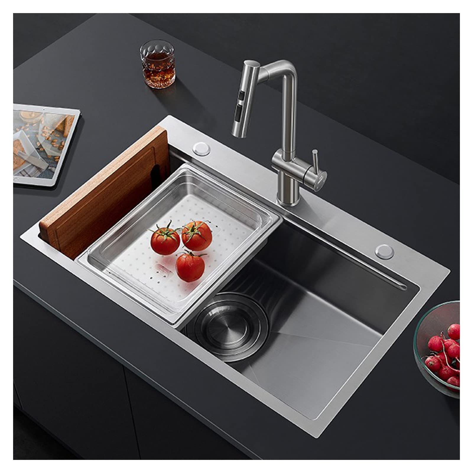 SDdPulse Kitchen Sink Stainless Steel Kitchen Sink with Pull Out Tap and Drain Basket, Grey, 68 x 42 cm