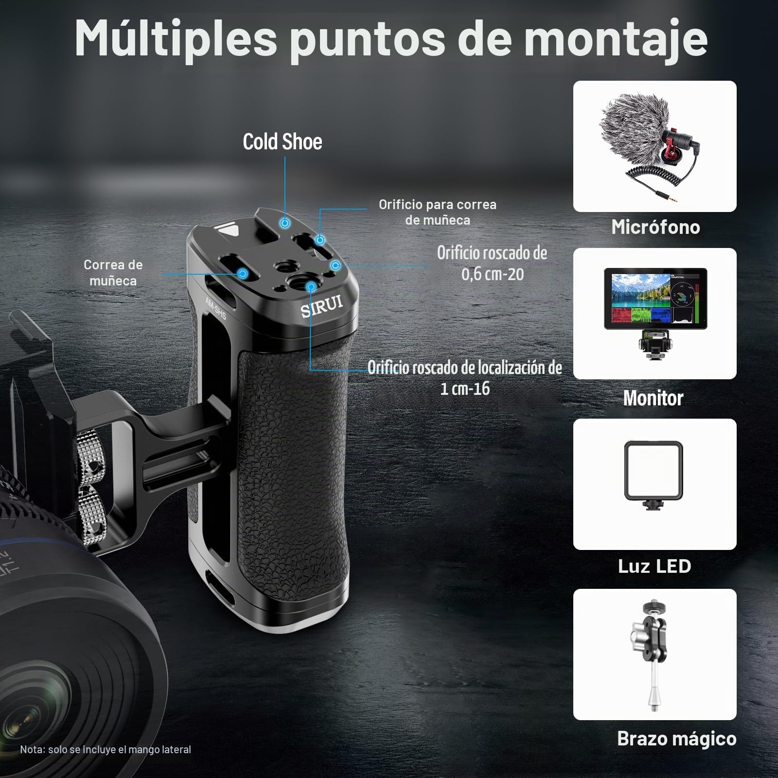 SIRUI Mango Lateral con Localización para ARRI y con Tornillo de 1/4'' para Jaulas de Cámara, Side Handle Ergonómica Universal - Am-SHS