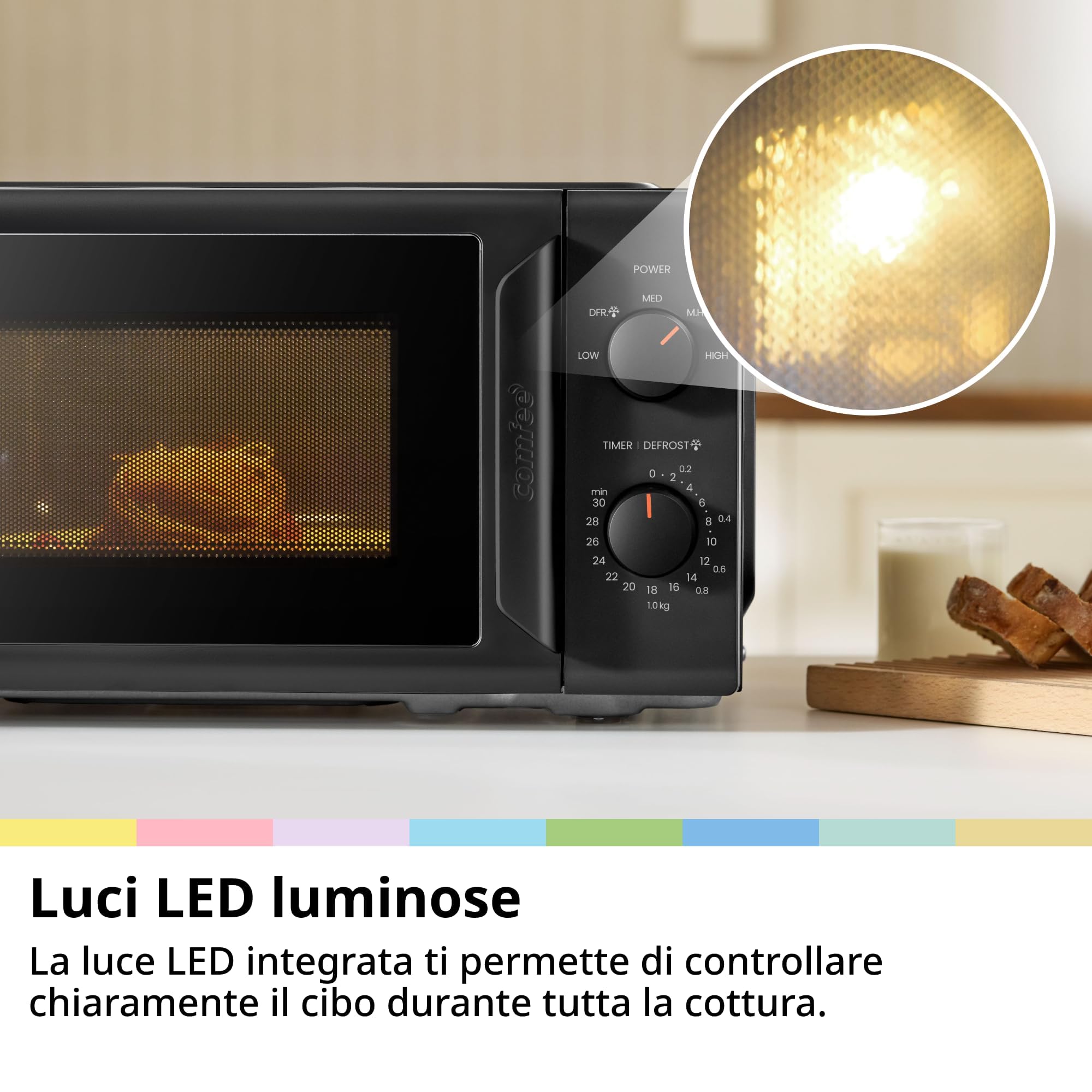 COMFEE' CMO-MP012ND(BK) Mini horno microondas de 20 L y 700 W, color negro, con ventana grande, diseño compacto, función de descongelación rápida, 5 niveles de potencia
