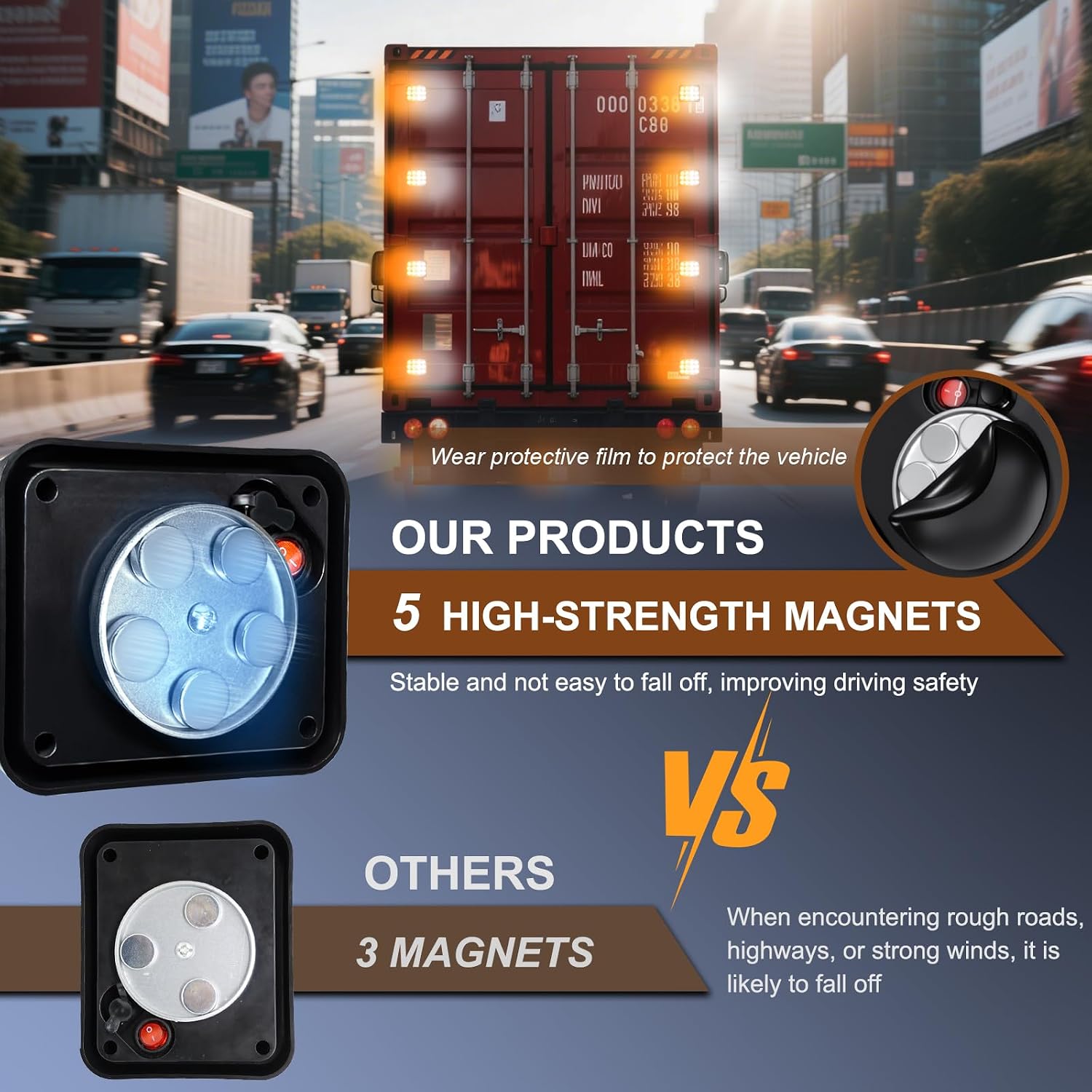 Amber & White LED Strobe Warning Lights 2 Pack, 12-LED Magnetic Rechargeable Wireless Safety Beacon Lights with Type-C Charging for Trucks, Trailers, Construction & Emergency Vehicles