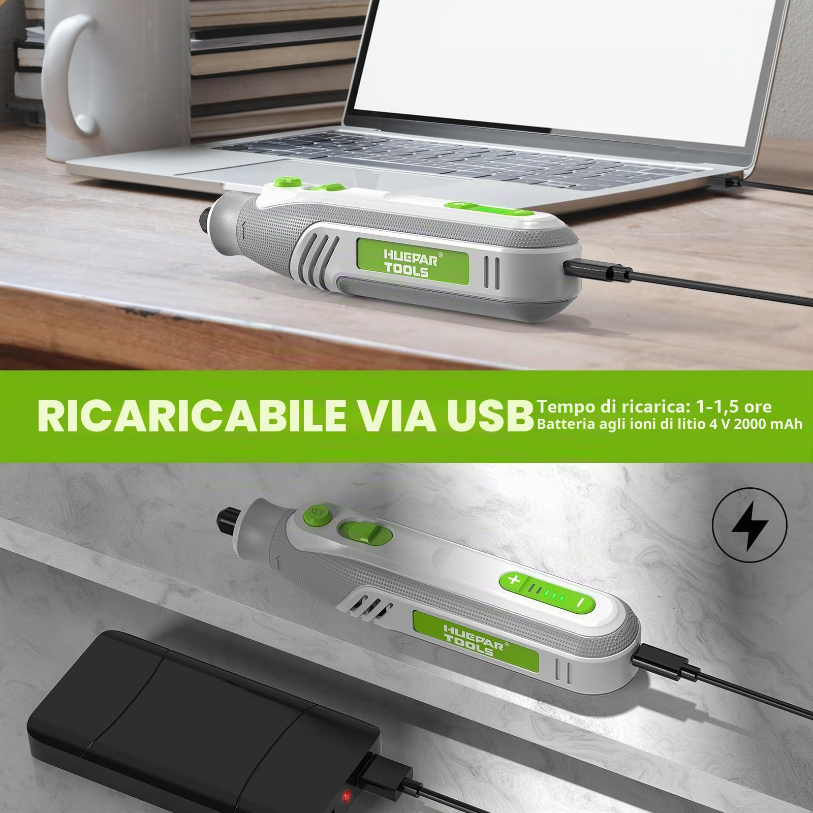 Huepar Tool Mini Trapano 4V MAX Utensile Multifunzione a batteria 51 Accessori Strumenti Rotativi 5 Marce 5000-25000 giri/min