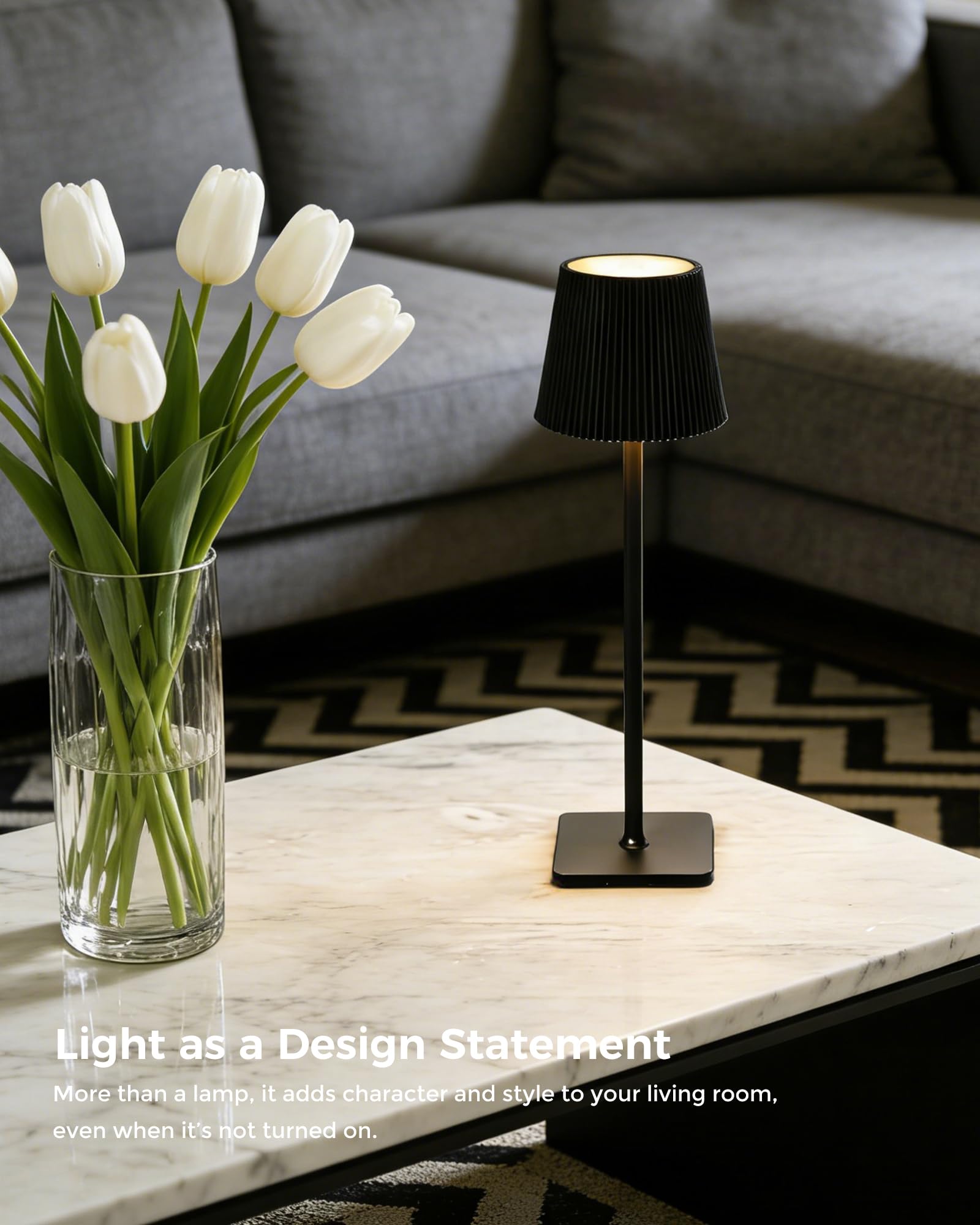 Lámpara de Mesa LED Inalámbrica con Control Táctil – Lámpara Recargable de 5200mAh Regulable, IP54 Resistente al Agua – Ideal para Interiores y Exteriores, Negro