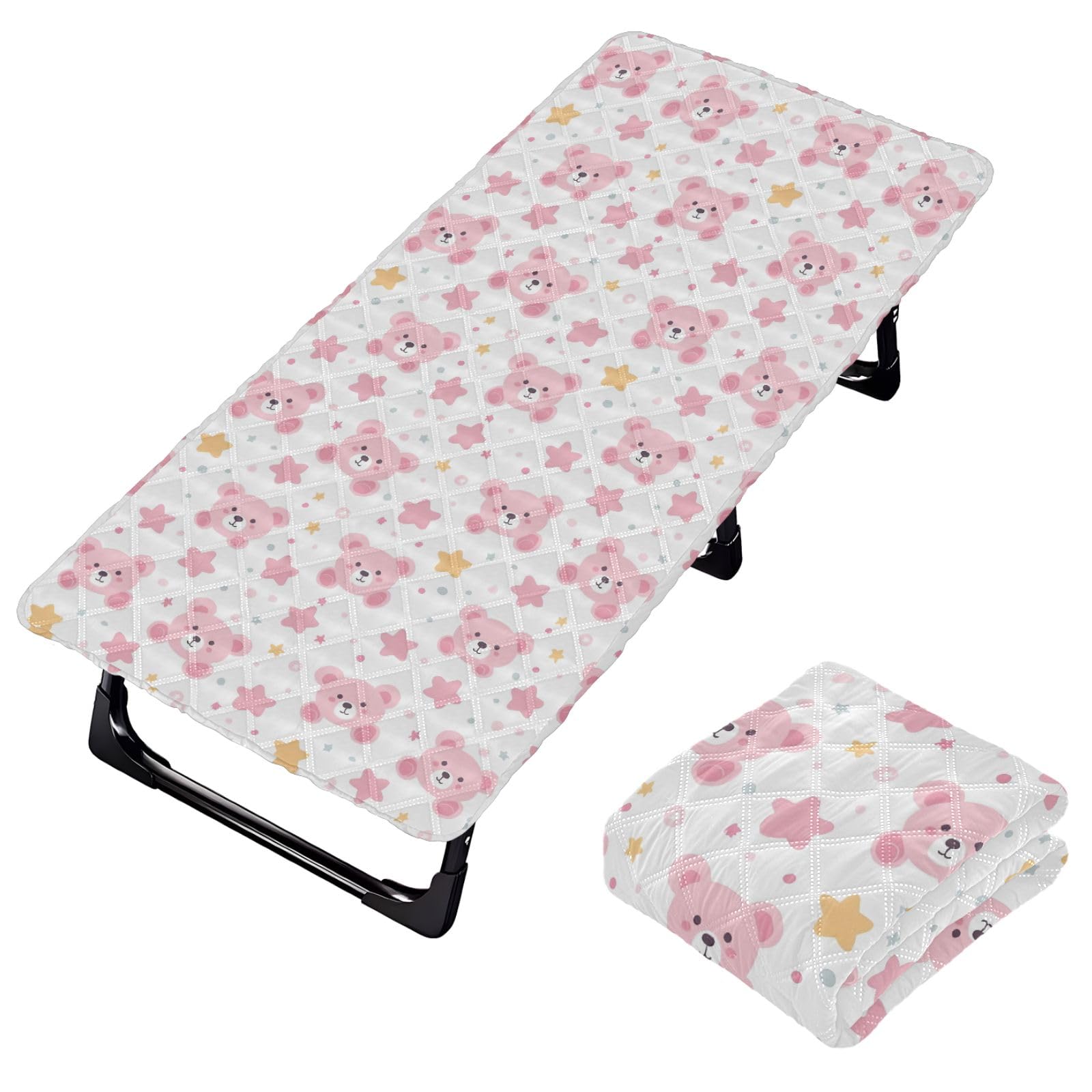 Portable Toddler Bed Sheet for Kids Pink Bear and Stars Travel Bed Fitted Sheet