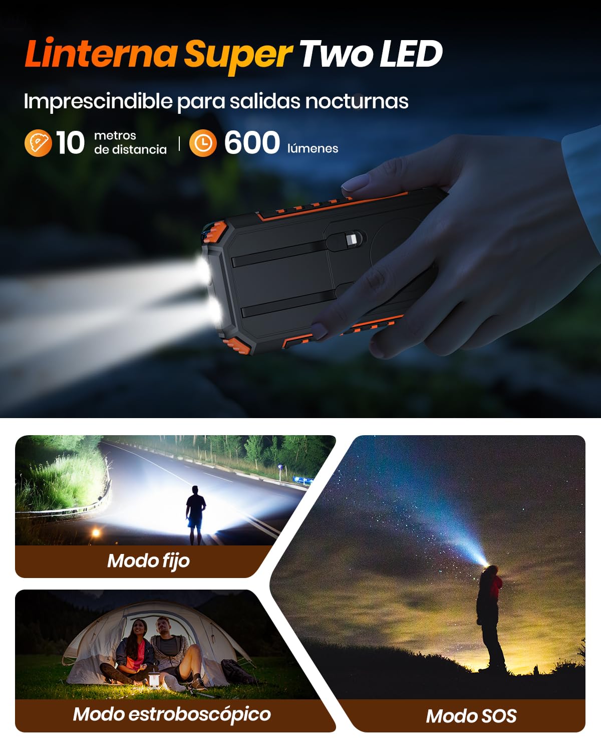Cargador-Solar-Power-Bank-20000mAh - A ADDTOP 22,5W USB C Carga Rápida Batería Externa Inalámbrica con 2 Cables Integrado y Linternas, Cargador Portátil para Teléfono Tabletas (Naranja)