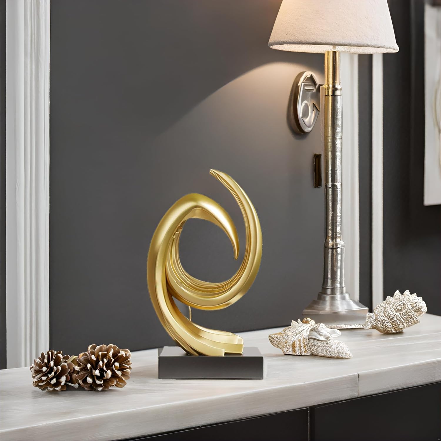 Golden Wave Resin Origami Statue Modern Abstract Home Decoration Emphasizes Abstract Office Desk Carving Table Family Bedroom Living Room Garden Office Golden Stripe Decoration (C) - Image 5