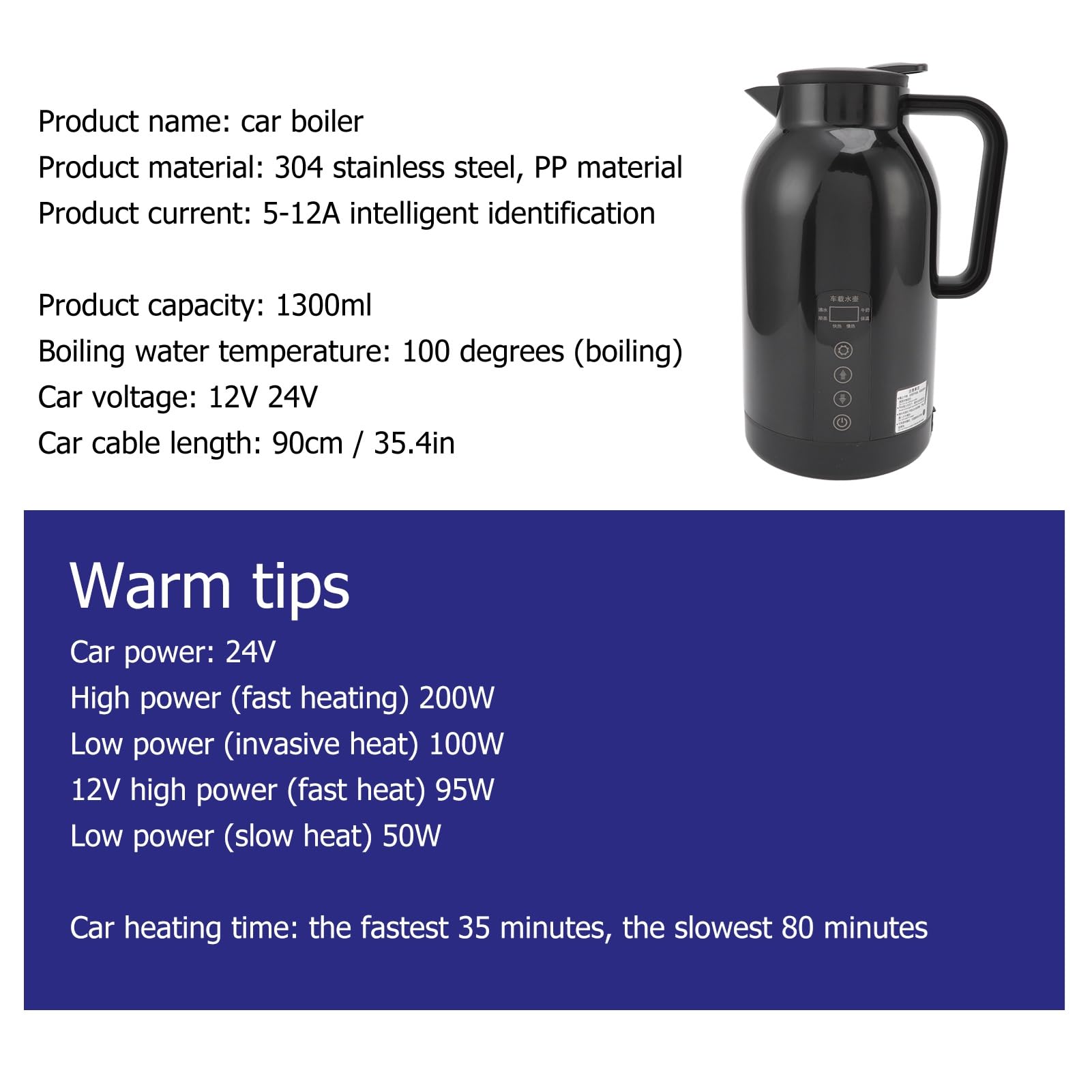 Taza Calentadora para Coche, 1300ml Hervidor de Agua Eléctrico | Stainless Steel Electric Car Kettle, 12V-24V Cigarette Lighter Plug, for Travel and Baby