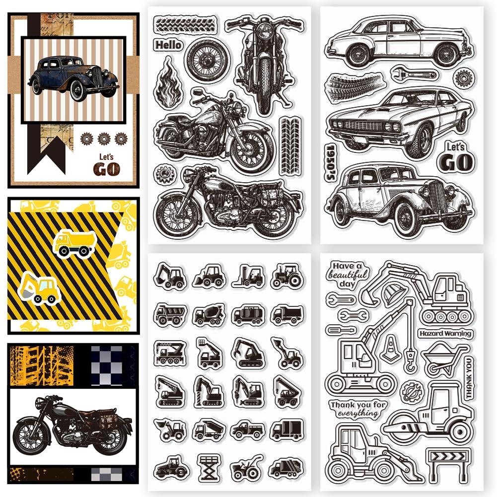 CONCHLERY 4 Sheets 4 Styles Vehicles Pattern Clear Stamps Vintage Cars Silicone Stamp Seal Transparent Stamps for DIY Scrapbooking and Card Making Paper Craft Decor, 6.3x4.3 Inch