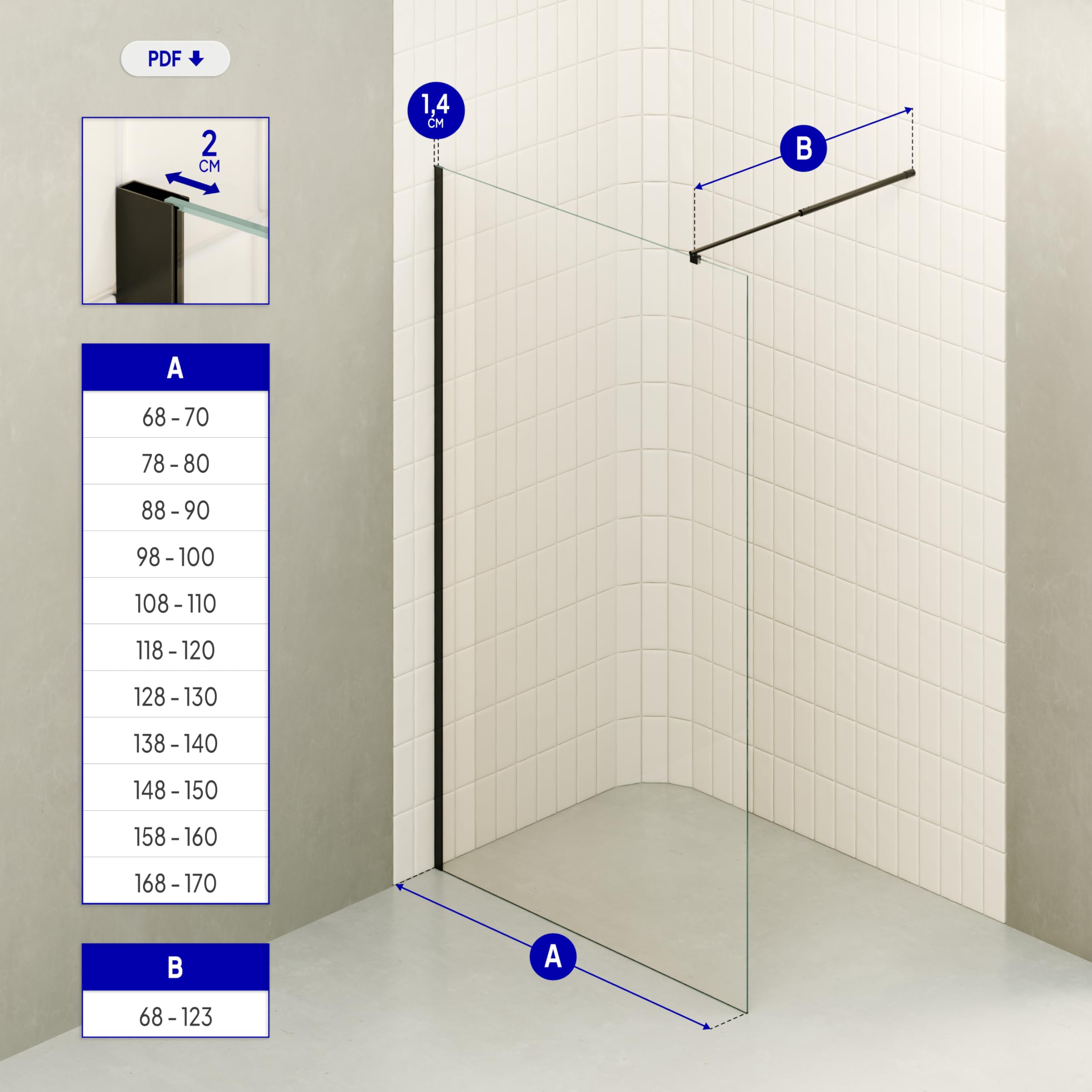 Mampara de Ducha, Panel Fijo, Walk In Fiona 130x200 cm - Vidrio de Seguridad Templado Transparente de 10 MM, Barra Estabilizadora 20BM y Perfil de Pared de Inox Negro