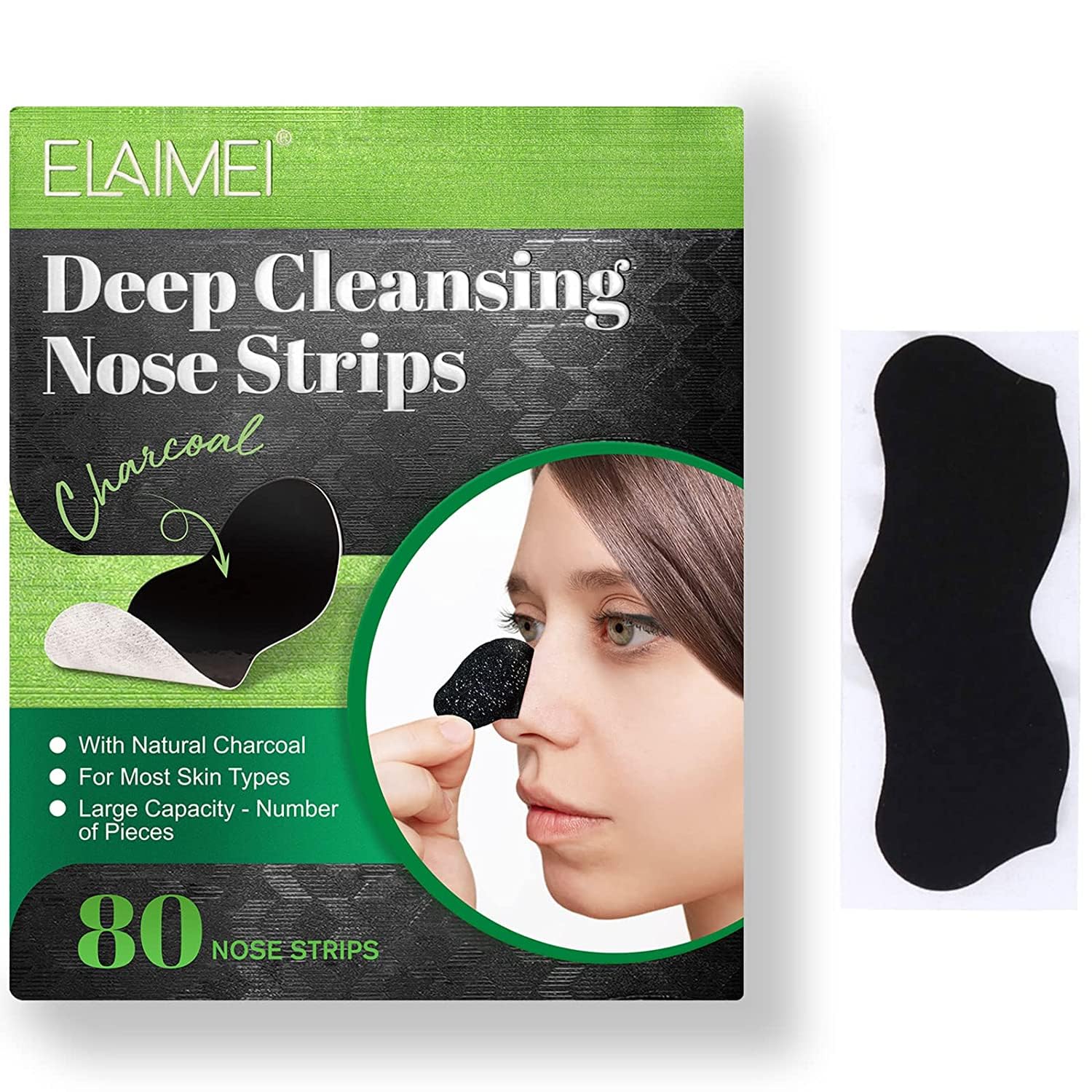 ELAIMEI Pore Strips,Natural Blackhead Strips for All Skin Type,Nose Strips for Blackheads,Pore Cleansing Strips,Black Heads Strip,Nose Blackhead Remover Strip (Nose Strips Charcoal 80pcs)