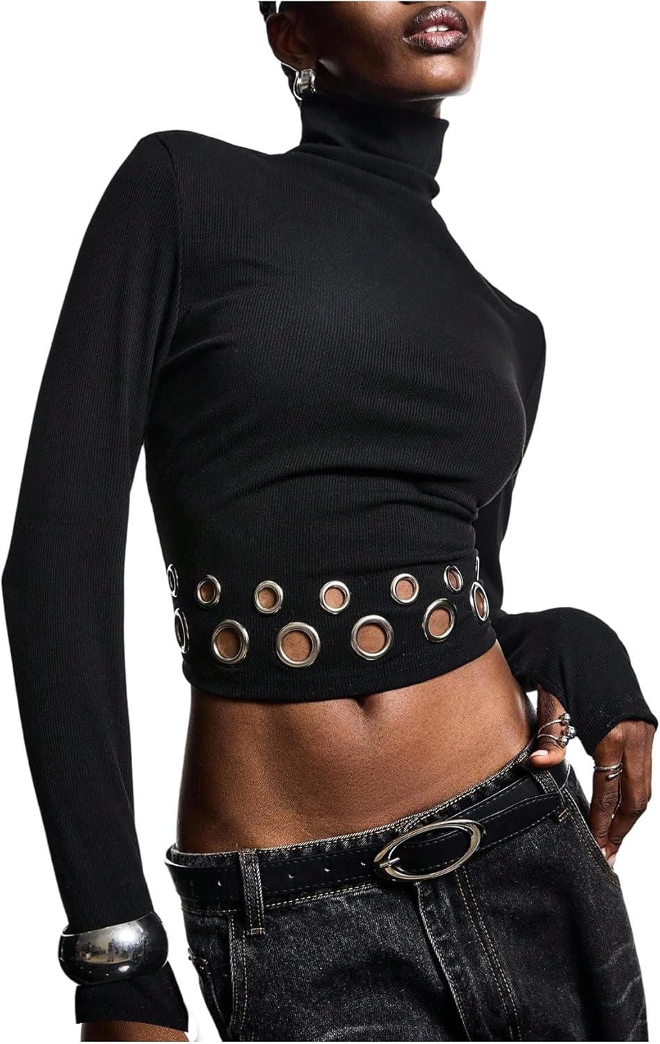 SOLY HUX Women's Y2k Long Sleeve Going Out Tops Turtleneck Crop Shirts Grommet Eyelet Tee Fitted T Shirt Rave Outfits