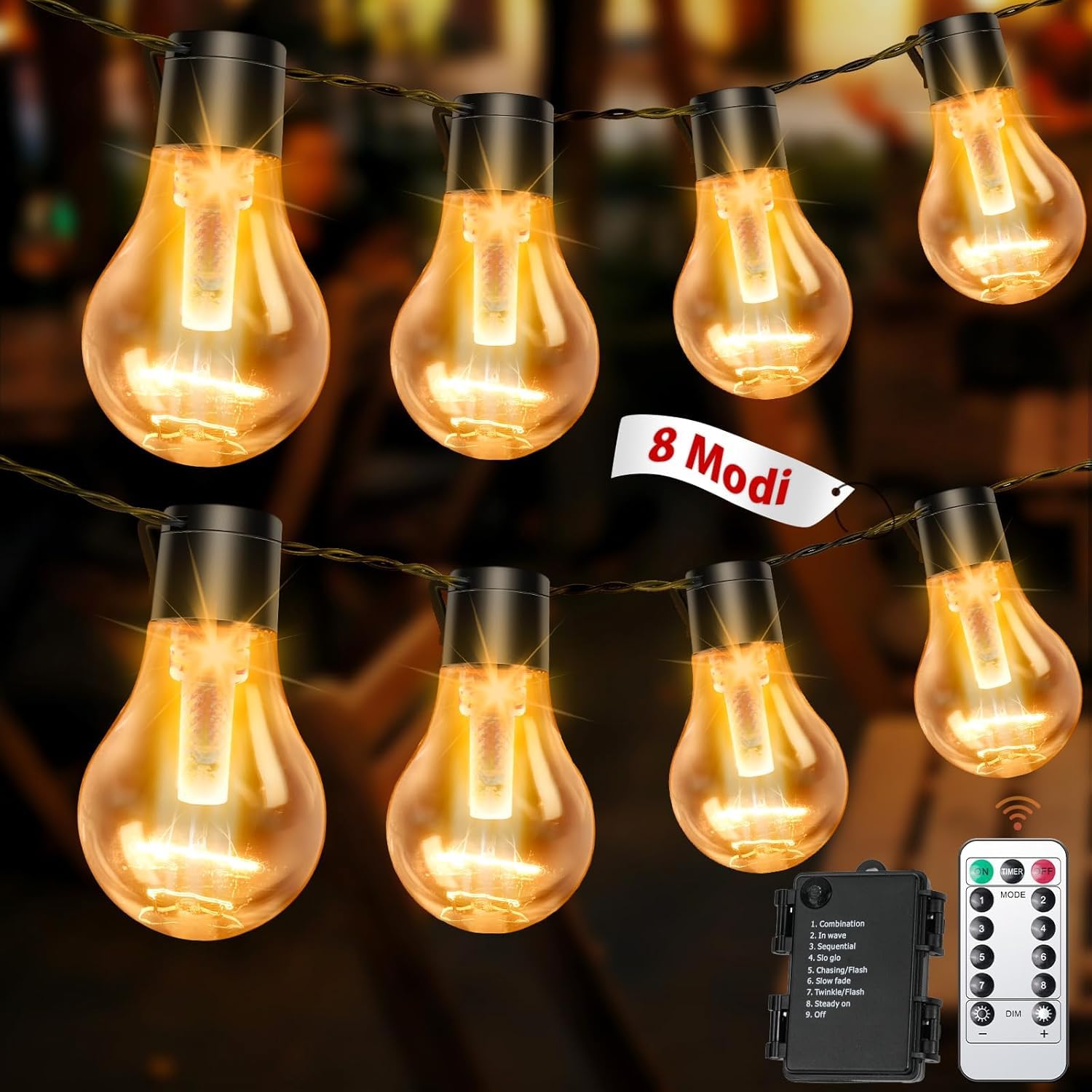 aurogeek Outdoor String Lights Battery Operated: 9m/30ft LED with 12 A60 Plastic Bulb Hanging Festoon Light Remote Waterproof for Garden Decorative Cafe Patio Pergola Indoor — image 1