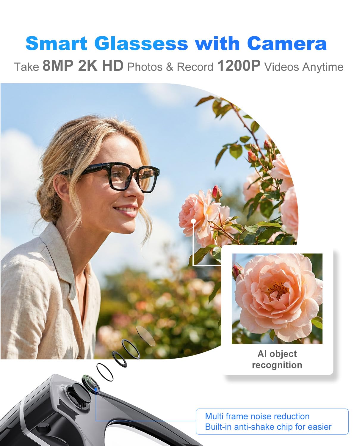 2026 AI Smart Camera Brille, 8 MP, 32 GB, 1200p-HD-Kamera, Unterstützt Foto-Video-Audioaufnahmen, Echtzeitübersetzung, Sprachassistent, Objekterkennung für Alltag, Arbeit und Vlogs