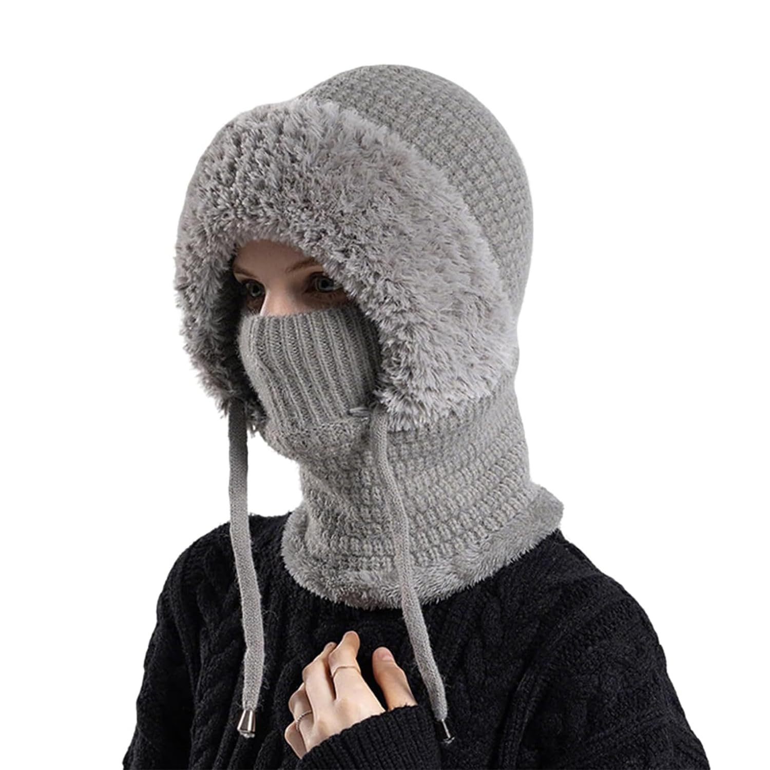 YSINOBEAR 3 in 1 Beanie Hat for Women, Sherpa Hood Ski Mask, 3 in 1 Beanie Hat with Scarf and Mask,Fall Winter Warm Knitted Windproof Balaclava Scarf,Women's Outdoors Windproof Scarf Hat (Gray)