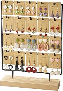 Earring Stand Display for Selling, Wood Earring Rack Tower Display Holder Stand with Card (4 Tier,20 Hooks, Black)
