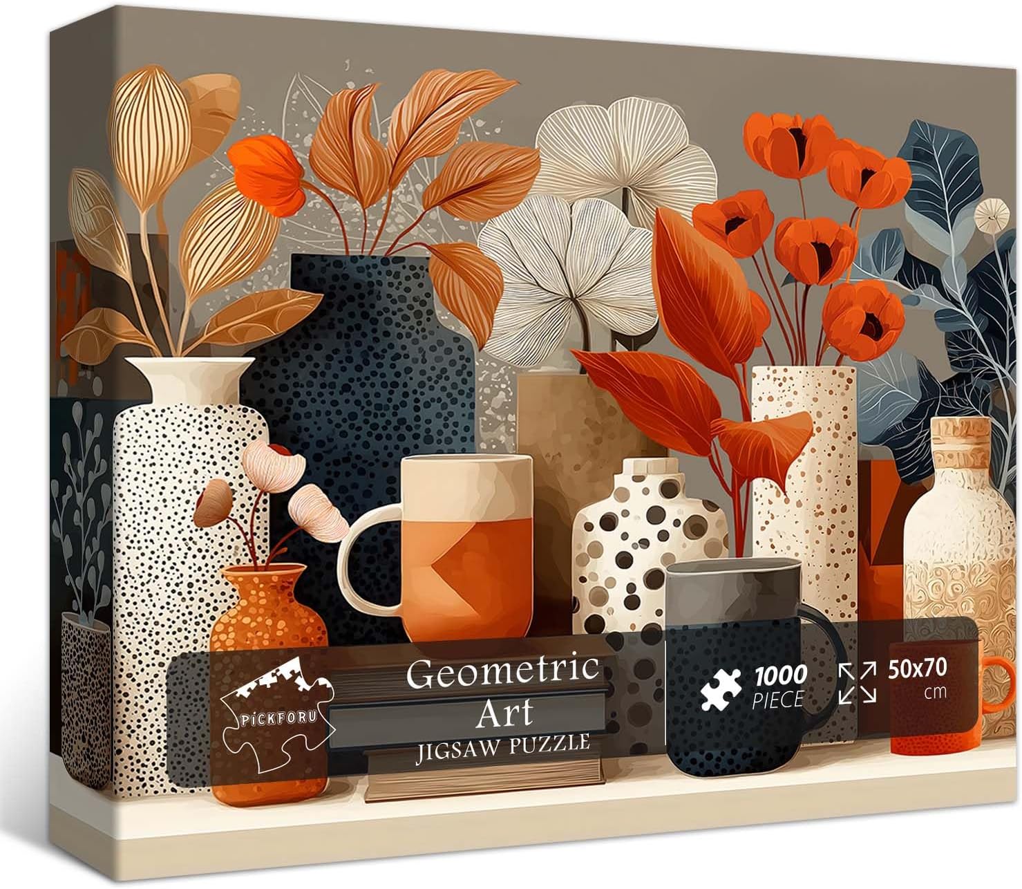 PICKFORU Geometric Vase Puzzles for Adults 1000 Pieces, Orange Art Flower Plant Jigsaw Puzzle, Polka Dots Bohemian Theme as Wall Decor