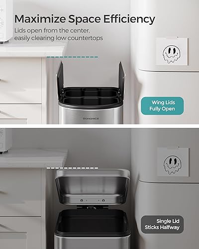 Miniatura 3 de SONGMICS Bote de basura doble de cocina de 13 galones, compartimentos de 5.3 y 8 galones, bote de basura con tapas de ala, acero inoxidable, cierre