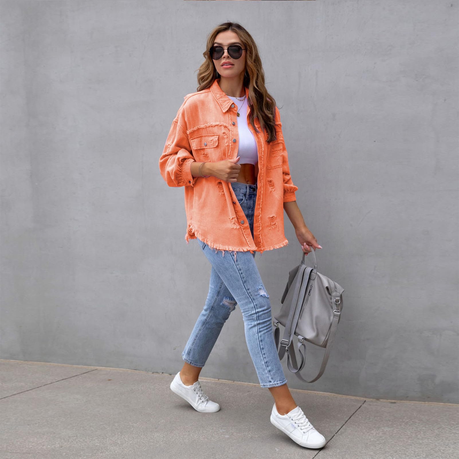 amropi Veste en Jean pour Femmes Chemisier en Denim Léger Blouson Ourlet Effiloché Jacket