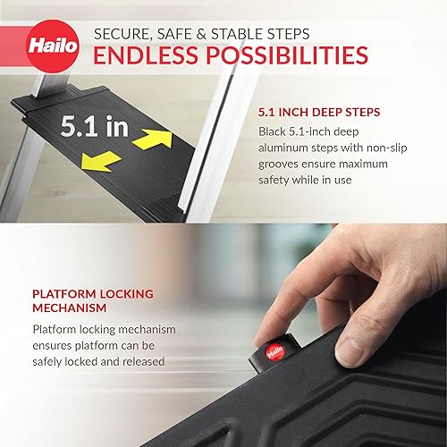 Miniatura 4 de Hailo L100 TopLine  Escalera plegable de aluminio  Cuatro pasos  Riel de seguridad extensible  Bandeja de almacenamiento multifuncional integrada