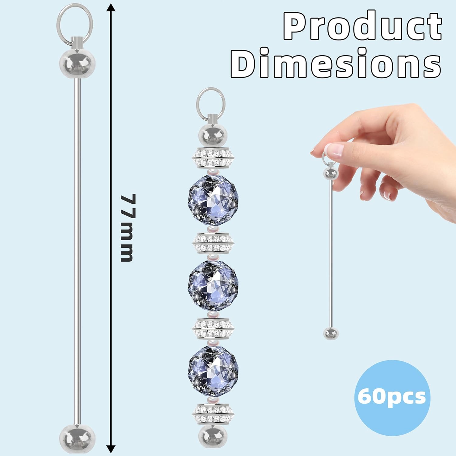 Mlife 60 Pcs Beadable Keychain Bars, Blanks Bead Keychain Making Kit, Bulk Silver Metal Beaded Keychains for Pendant DIY Crafts Jewelry Making Gift, Beadable Keychains Supplies(Silver)