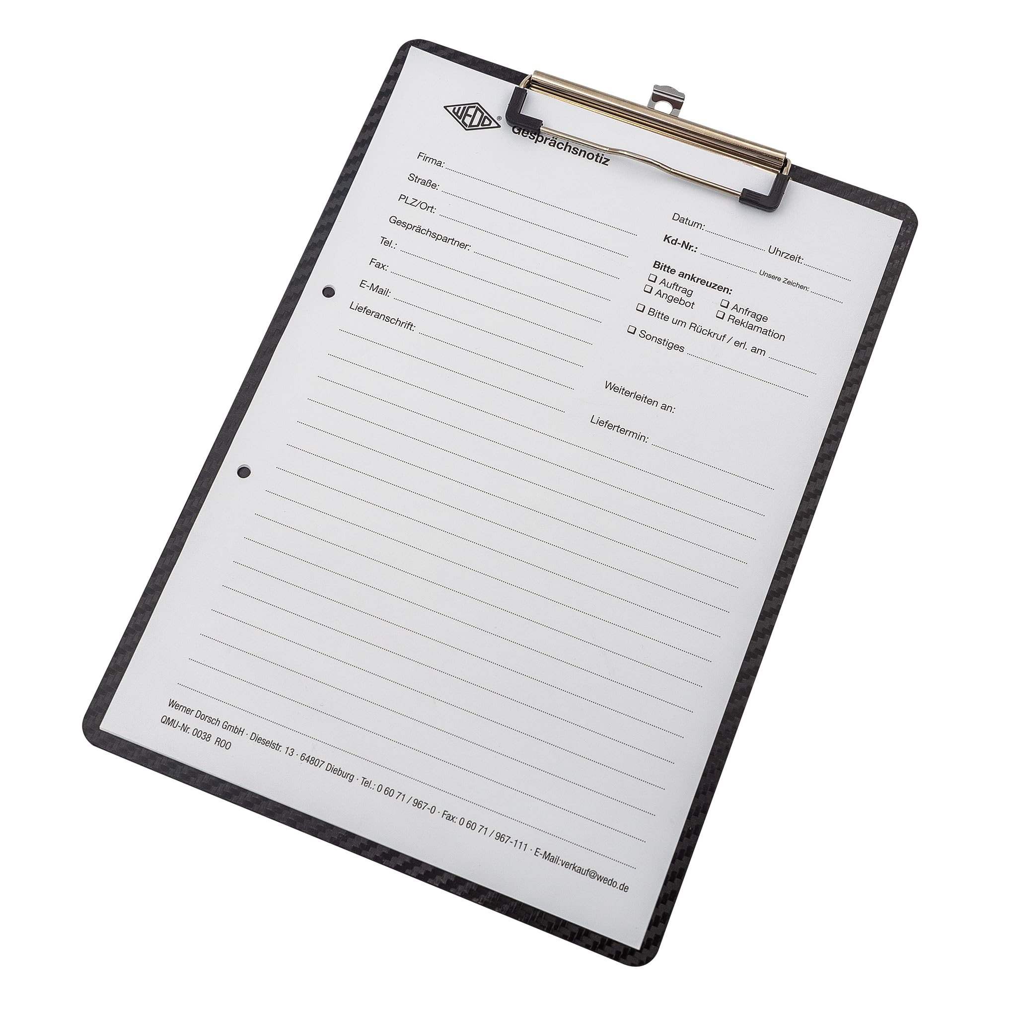 WEDO Podkładka A4 czarna o wyglądzie karbonu – blat do pisania z polipropylenu ze stabilnym metalowym zaciskiem i zaczepem do zawieszania, format 31,5 x 22,5 cm, grubość zacisku do 8 mm