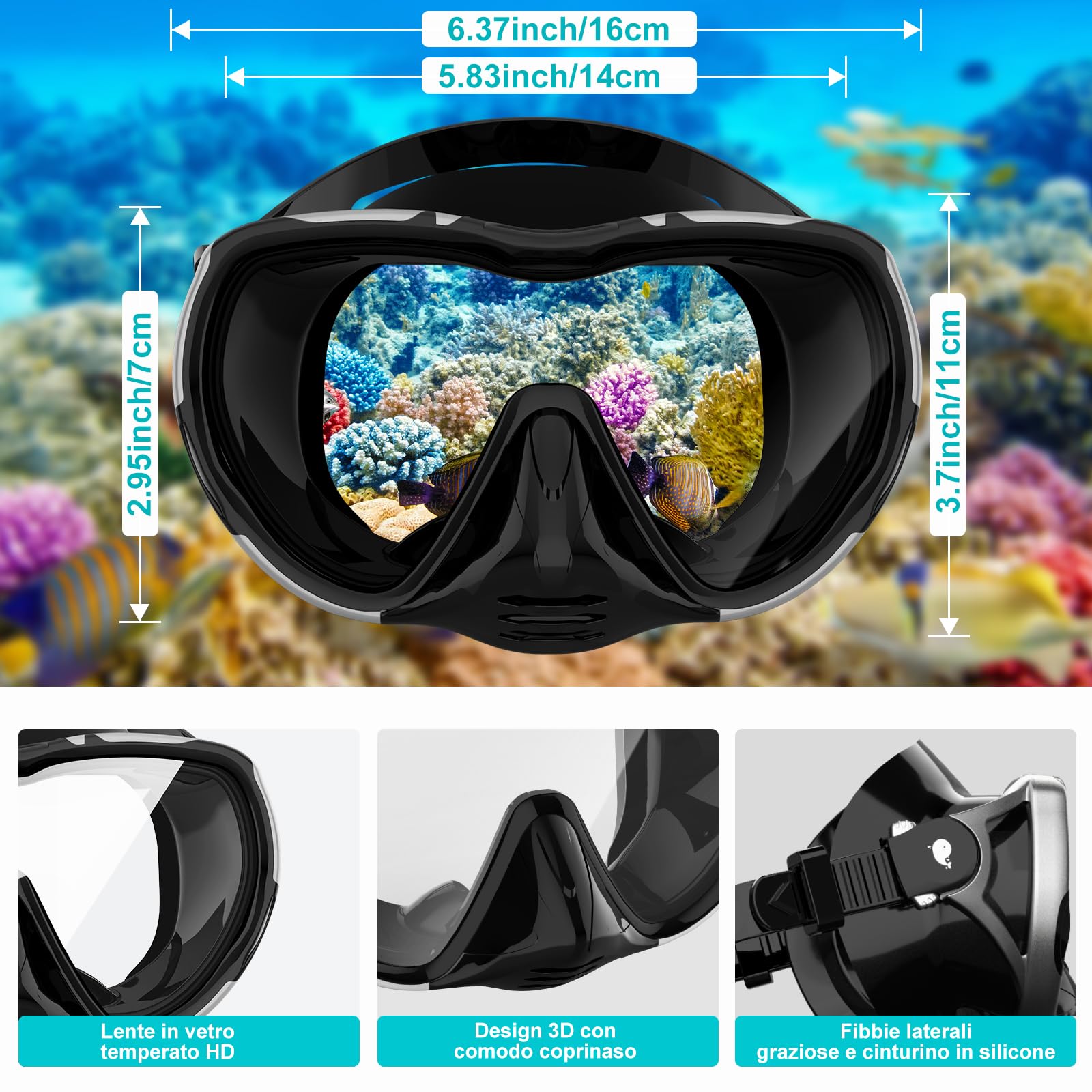 Set per Snorkeling Adulti con Maschera e Boccaglio, Maschera Subacquea Adulti, Subacquea Maschera Boccaglio, 180°, Panoramica, Anti-perdite, per Snorkeling Nuoto e Immersioni