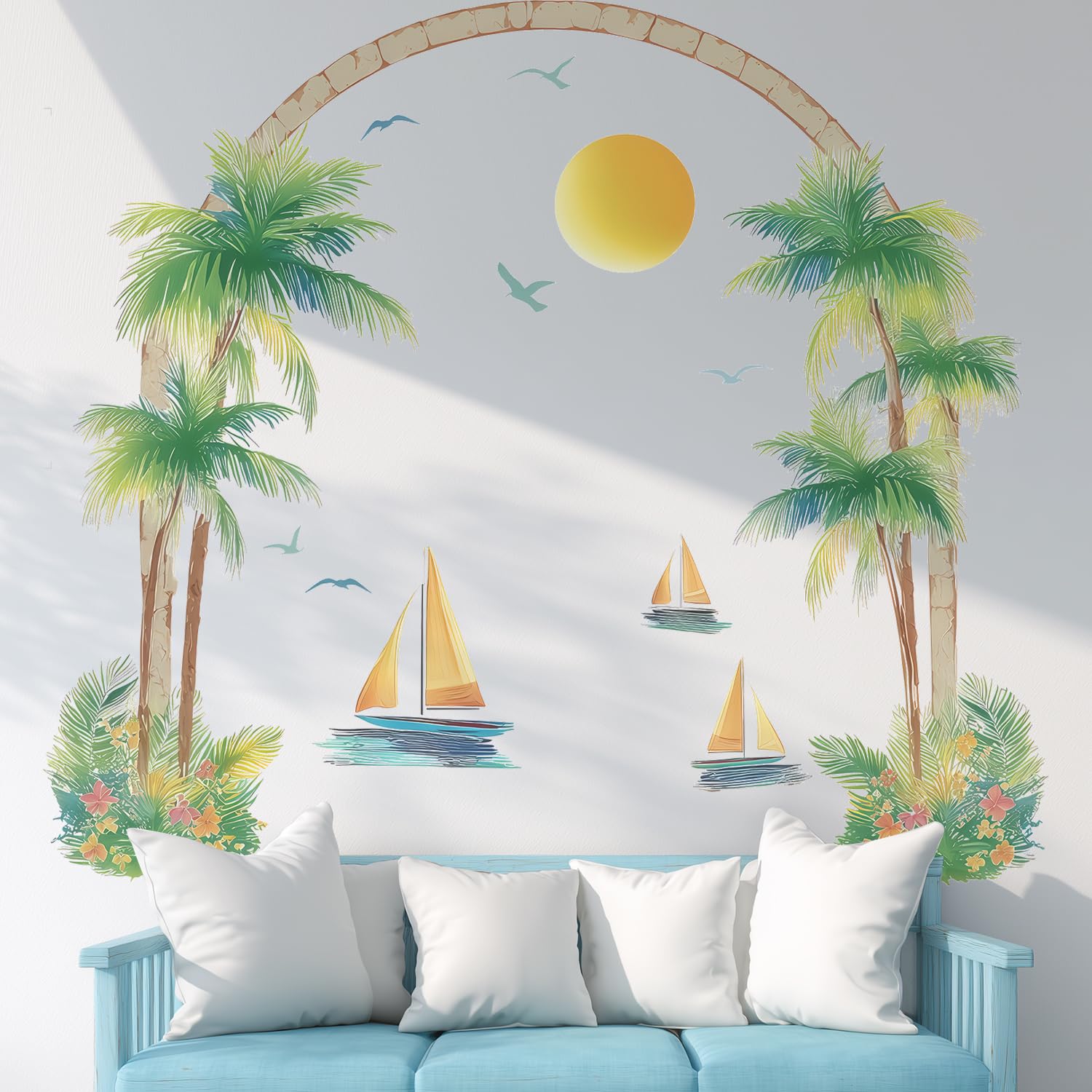 Vepret Green Tropical Plants Arch Wall Decals Peel And Stick, Large Palm Trees Sailboats Sun Wall Stickers & Murals, Removable Home Decor Art For Bedroom Living Room Classroom Office
