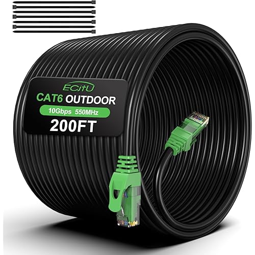 200FT Cat6 Outdoor Ethernet Cable, In-Ground, Heavy Duty Direct Burial, 24AWG CCA Patch Cord for Laptops, PCs, Routers, Printers, Surveillance Camera, PoE, UTP Cat 6 Internet Cable with 25 Cable Ties