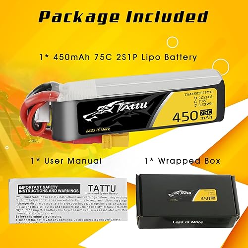 Miniatura 6 de Tattu Paquete de 4 baterías LiPo de 450mAh 7.4V 75C 2S con enchufe XT30, tamaño largo para marco H y BETAFPV 2S Whoop