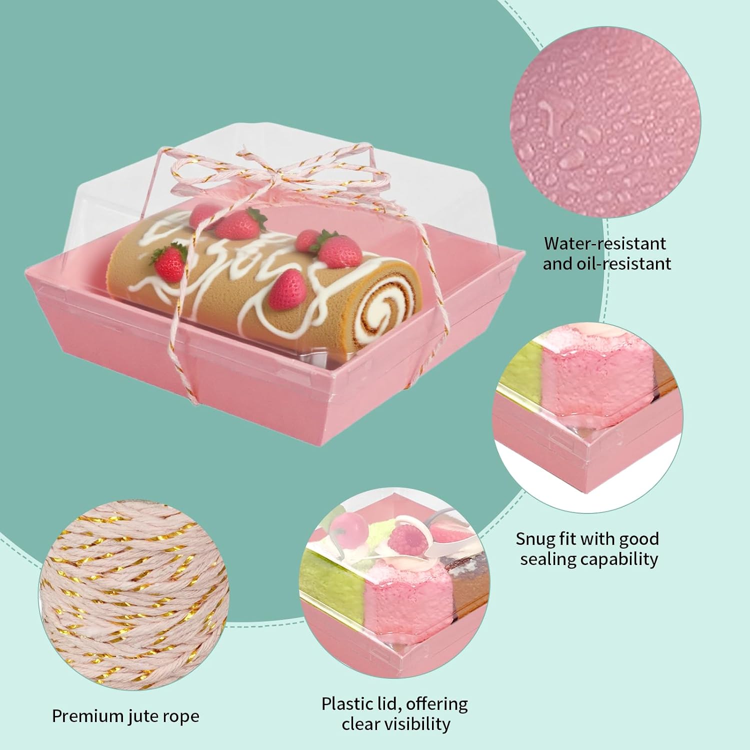 Condition photo showing As Is for 200 pack charcuterie boxes with clear lids and rope for 4 inches cake boxes disposable square dessert food containers for bakery cookies strawberries fruits display (pink) pink 200