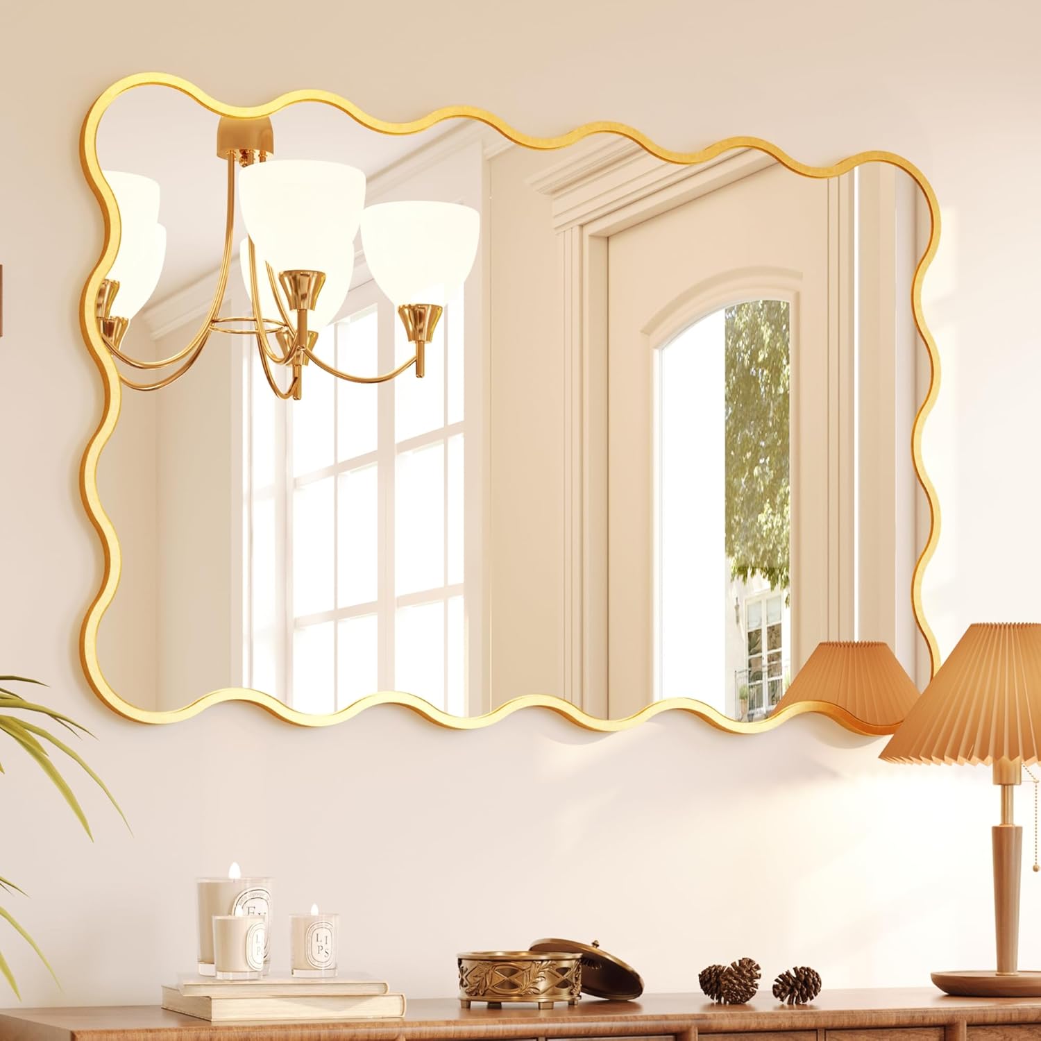 Kelly Miller 32x48 Inch Gold Scalloped Mirror, Large Rectangular Wavy Edge Bathroom Vanity Wall Mirror Decorative for Bedroom Living Room Entryway Fireplace Mantle