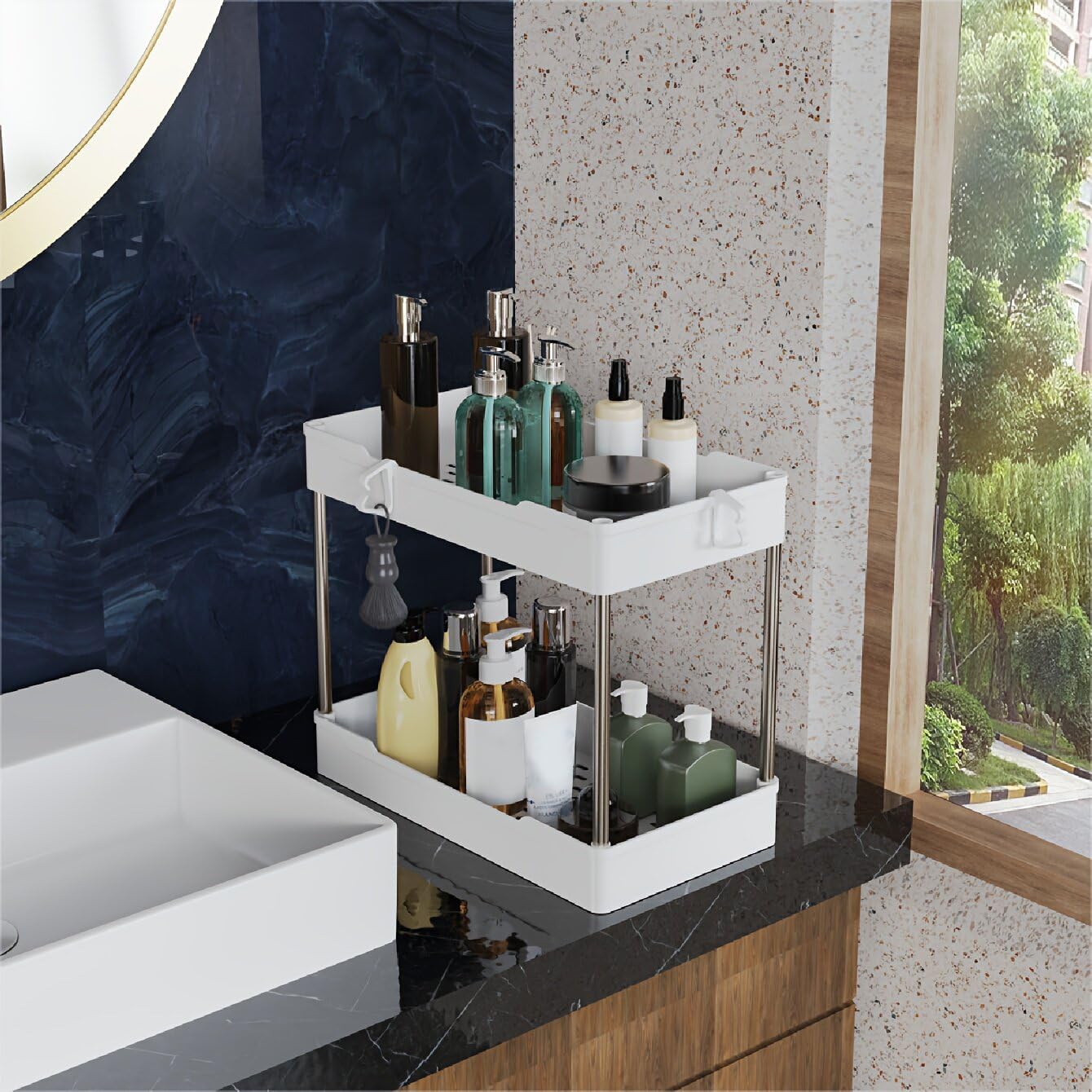 3 Pack Under Sink Organizers and Storage, 2 Tier Bathroom Cabinet Organizer Shelf with Hanging Cups for Kitchen & Bathroom (White) - Image 5