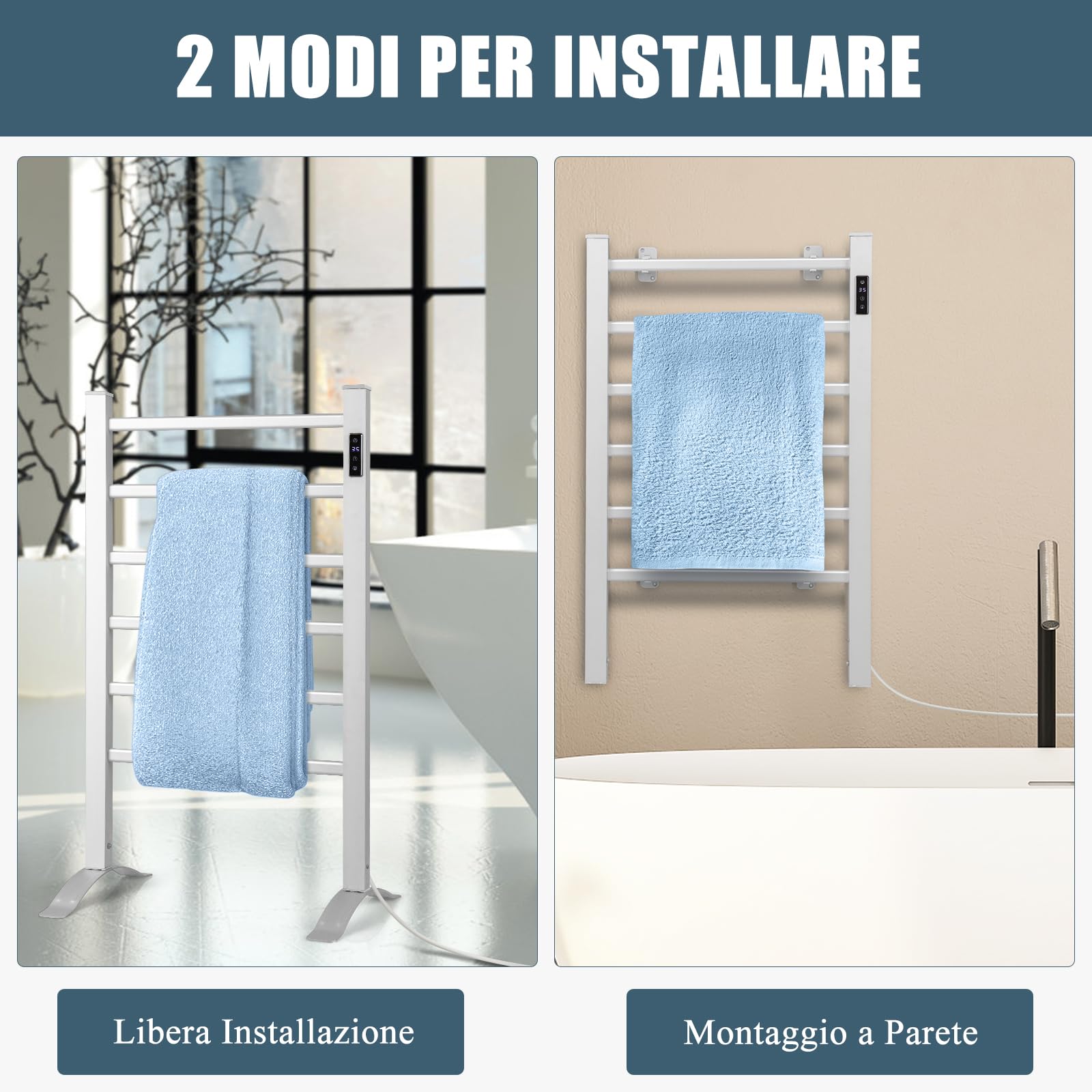 GYMAX Scaldasalviette Elettrico, Porta Asciugamani in Alluminio, Riscalda 30-60 °C, Timer, 2 in 1 in Piedi & a Parete, con Accessori a Parete
