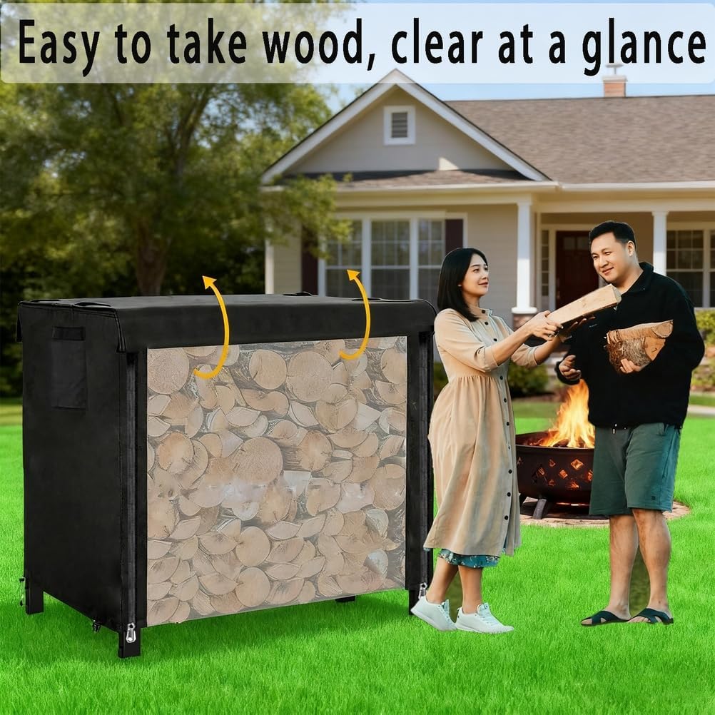 Firewood Rack Cover 4/5/6/8/10/12ft,Waterproof Firewood Rack Outdoor Cover with Full Front Zipper & Windproof Straps,420D Oxford Log Protector for Fireplace,Fire Pit,Gray,10 ft