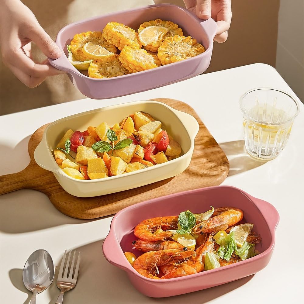 Lasagna Pans Colorful Ceramic Double-Handled Pan Oven Microwave Dishwasher Safe Steak Baked Rice Breakfast for Baking Cake(Pink)