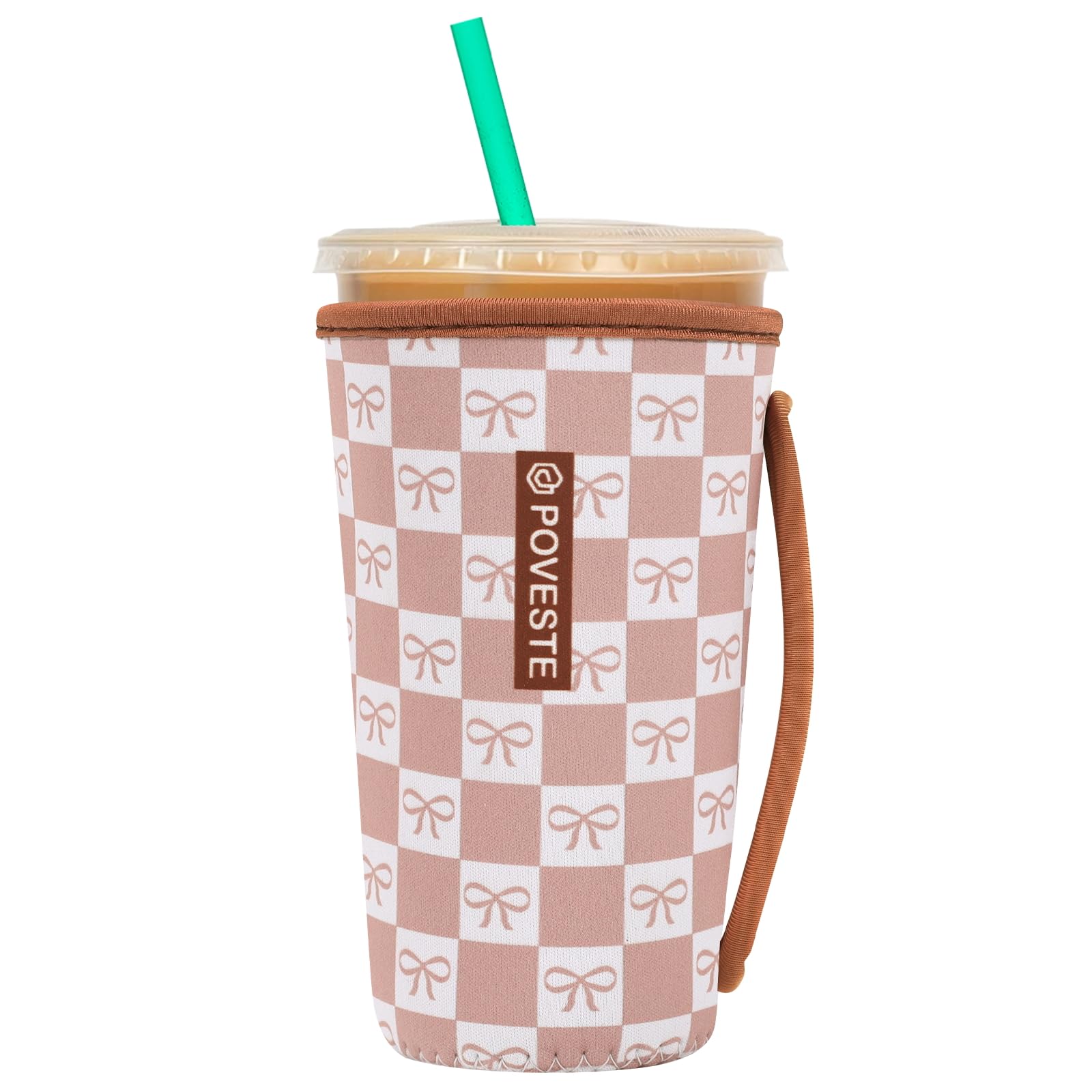 Reusable Neoprene Insulator Sleeve for Iced Coffee &amp; Cold Soda, Coffee Sleeves for Iced &amp; Hot Drinks, Cold Beverage Cooler Compatible with Starbucks, Dunkin (MochCheckerboad&amp;Bow, Large: 32oz)