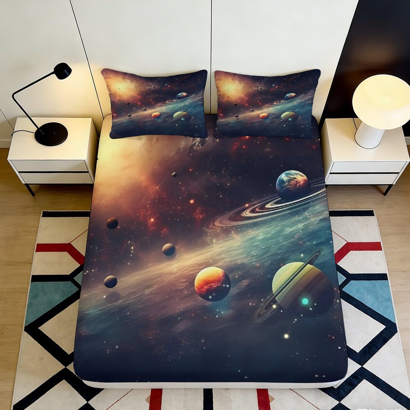 3D Printed Galaxy Starry Sky Fitted Sheet Microfiber Soft Breathable Cosmic Nebula Mattress Cover Bedroom Decor 200x200x25cm