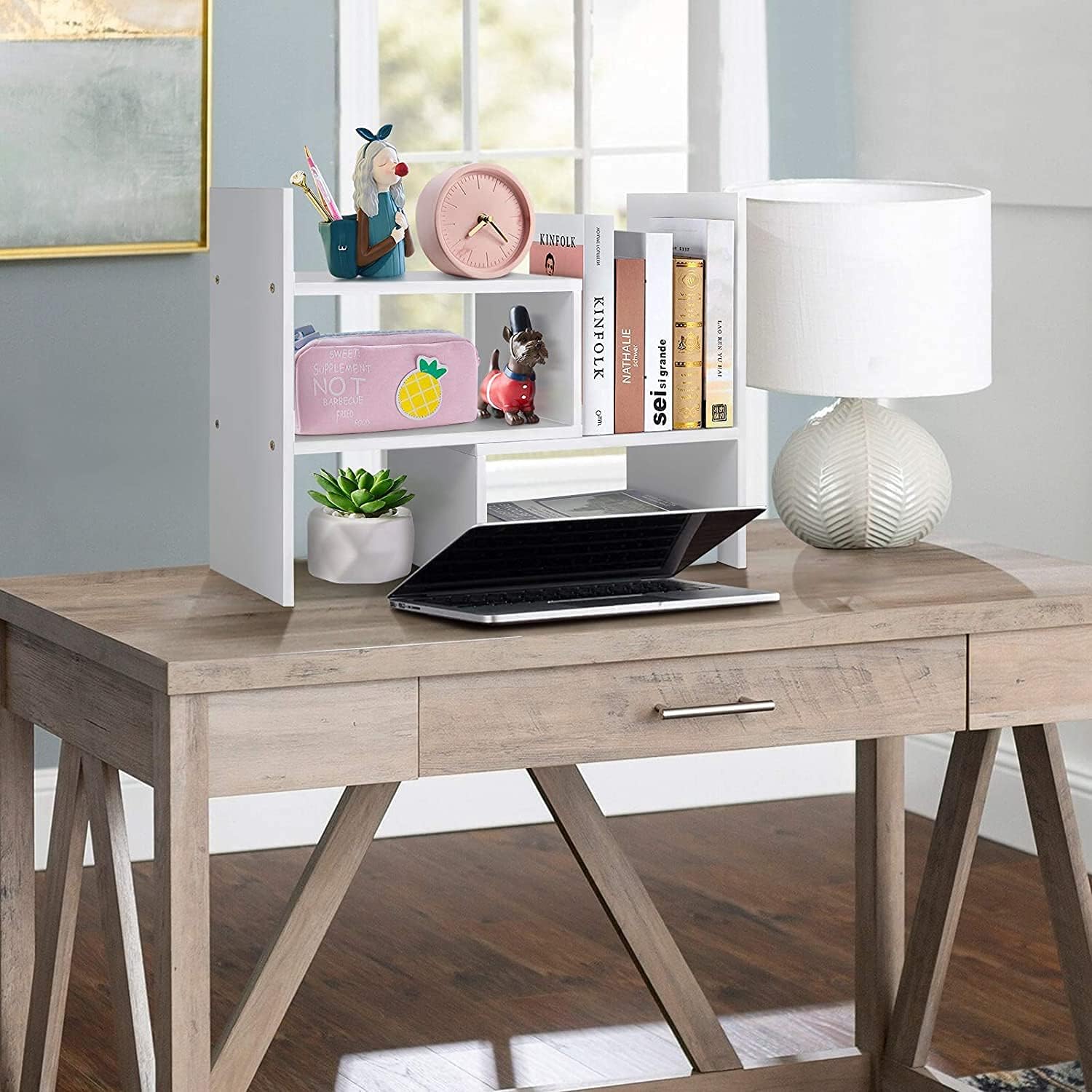 GTIN Expandable Wood Desktop Bookshelf,Desktop Organizer Office Storage Rack,Wood Display Shelf-Free Style Display Stand Shelf,Corner Desk Storage Shelf,Countertop Bookcase for Office Supplies,White : Office Products