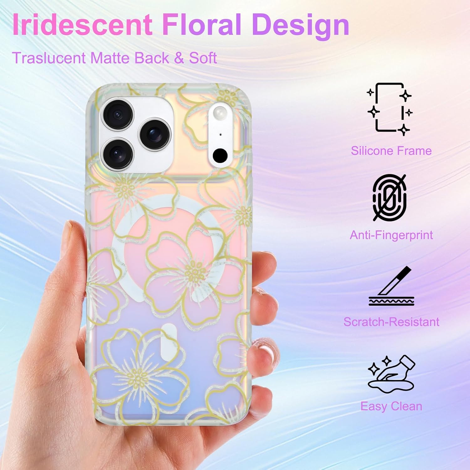 Iridescent Floral Case for iPhone 17 Pro Max, Compatible with MagSafe, Cute Flower Glitter Shiny Laser Design, Shockproof Protective Phone Cover for Women Girls, Line Flower