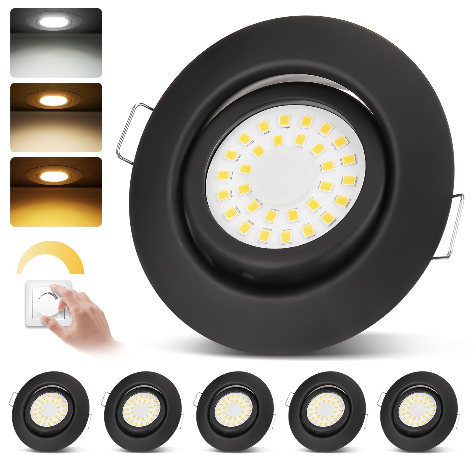 cloksh LED Einbaustrahler 230V Dimmbar Schwarz LED Spots 5W IP44 Einbauleuchten Schwenkbar Deckenspots,Warmweiß 3000K Neutralweiß 4000K Kaltweiß 6000K Einbauspots für Badezimmer Küche Wohnzimmer